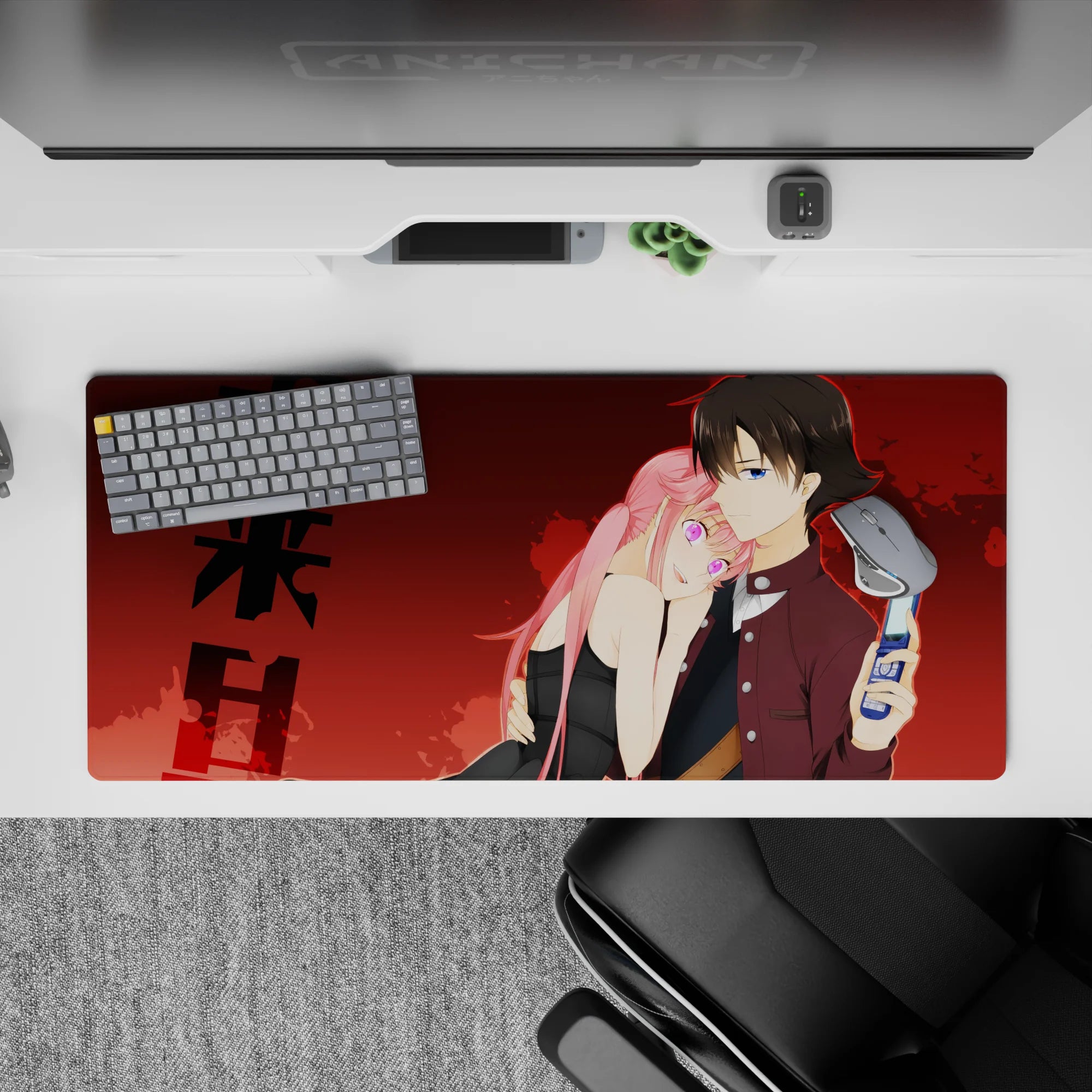 36x16 inches anime desk pad in rich reds and burgundy, neon-pink glow eyes, tense romantic vibe.
