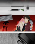 36x16 inches anime desk pad in rich reds and burgundy, neon-pink glow eyes, tense romantic vibe.