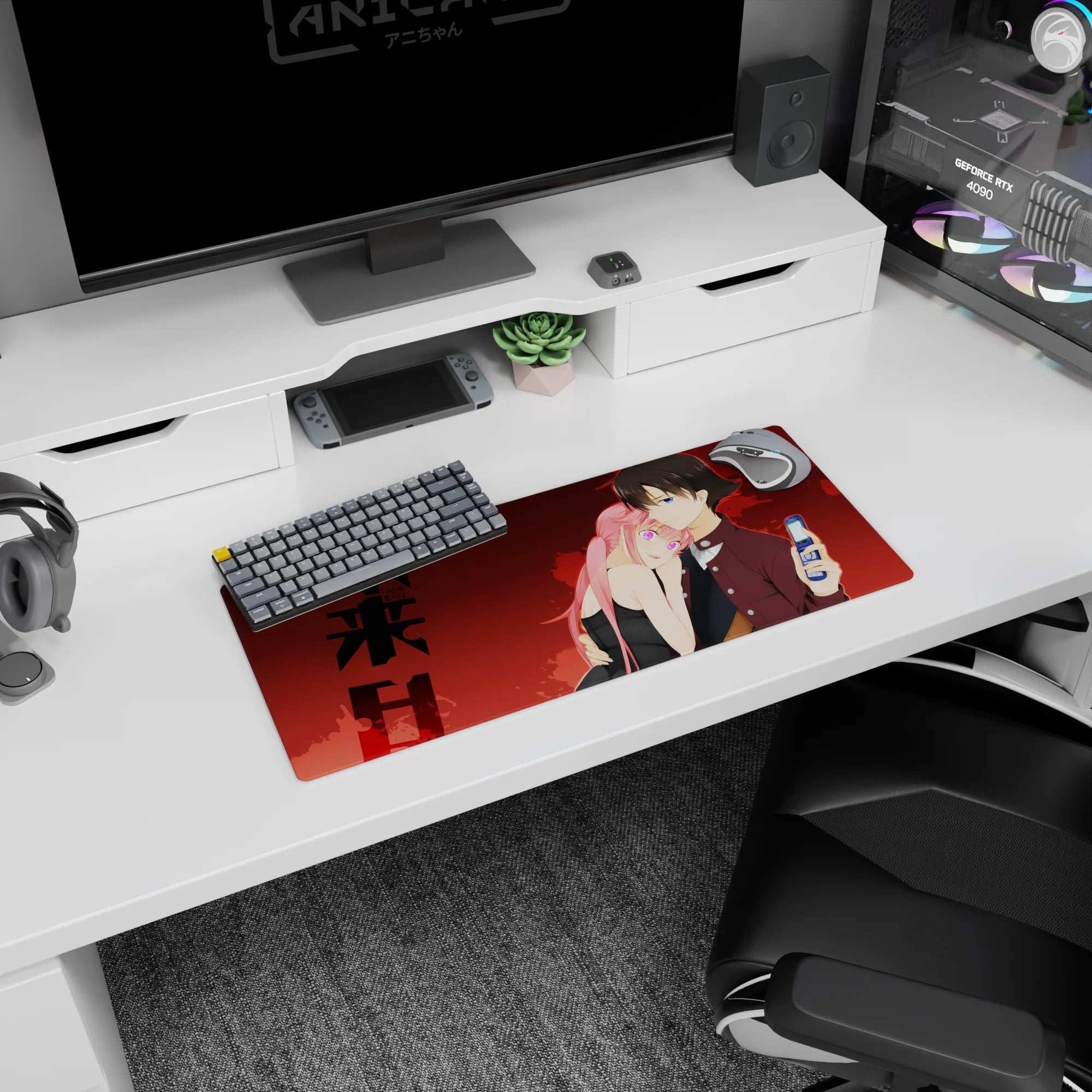 28x12 inches anime mouse pad showing pink-haired girl in black dress cuddling a burgundy-uniform boy with flip phone.