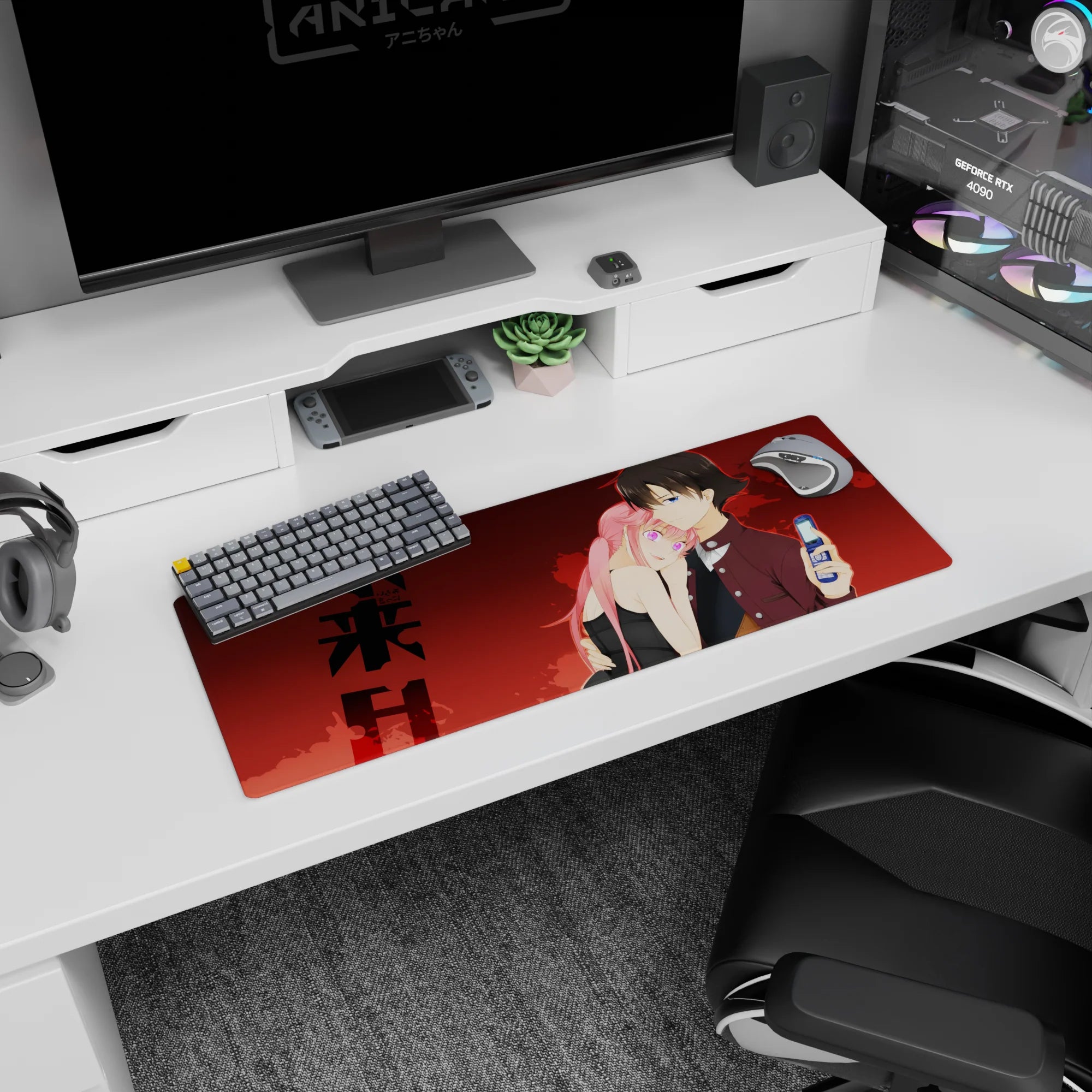 32x12 inches anime mouse pad featuring couple pose, black dress girl and boy holding flip phone, clean line art.