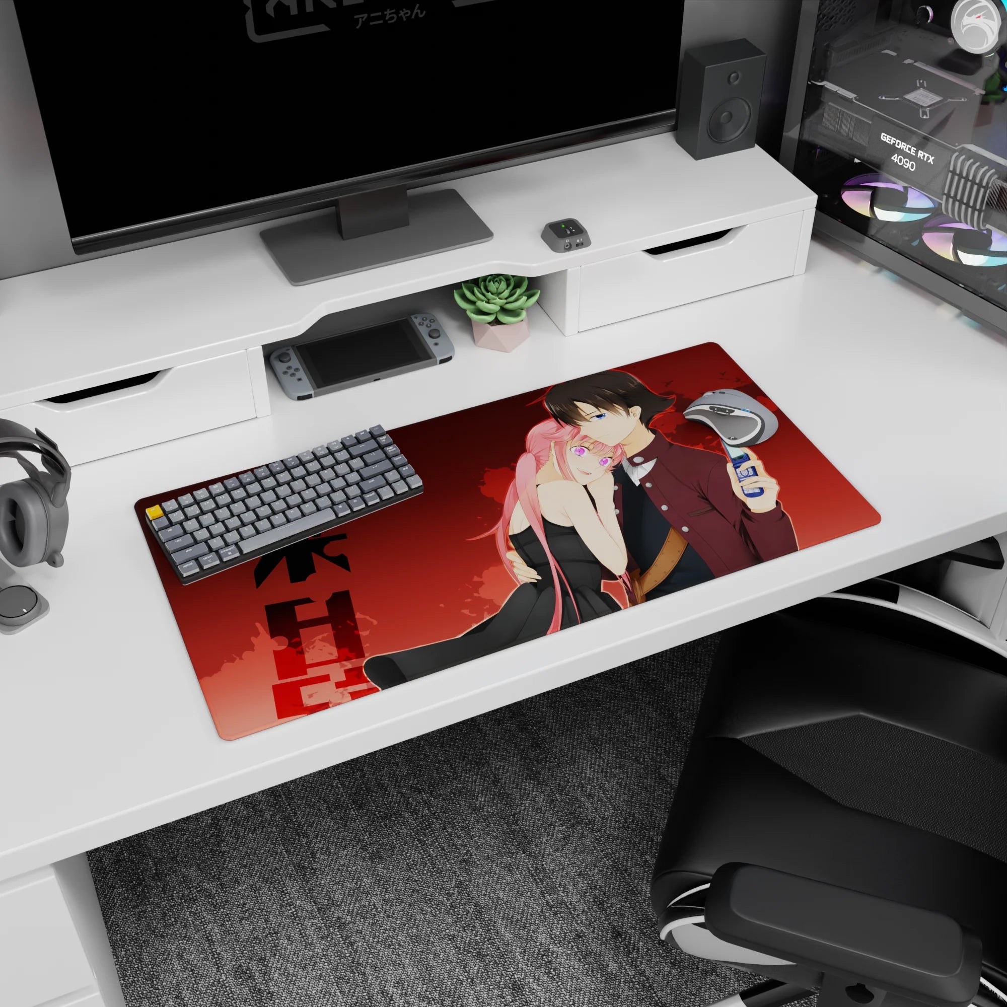 32x16 inches anime mouse pad showing pink-haired girl in black dress leaning on boy with flip phone.