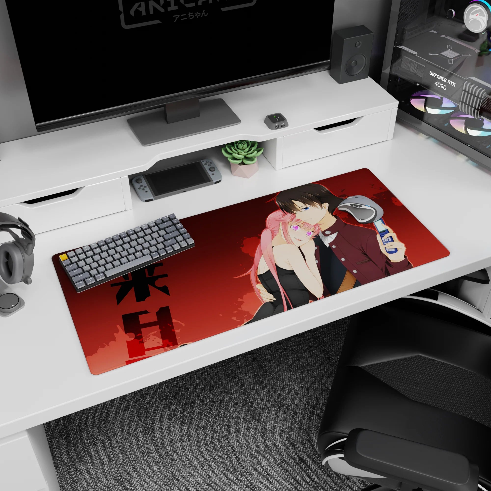 36x16 inches anime desk pad showing pink-haired girl in black dress leaning on boy with flip phone.