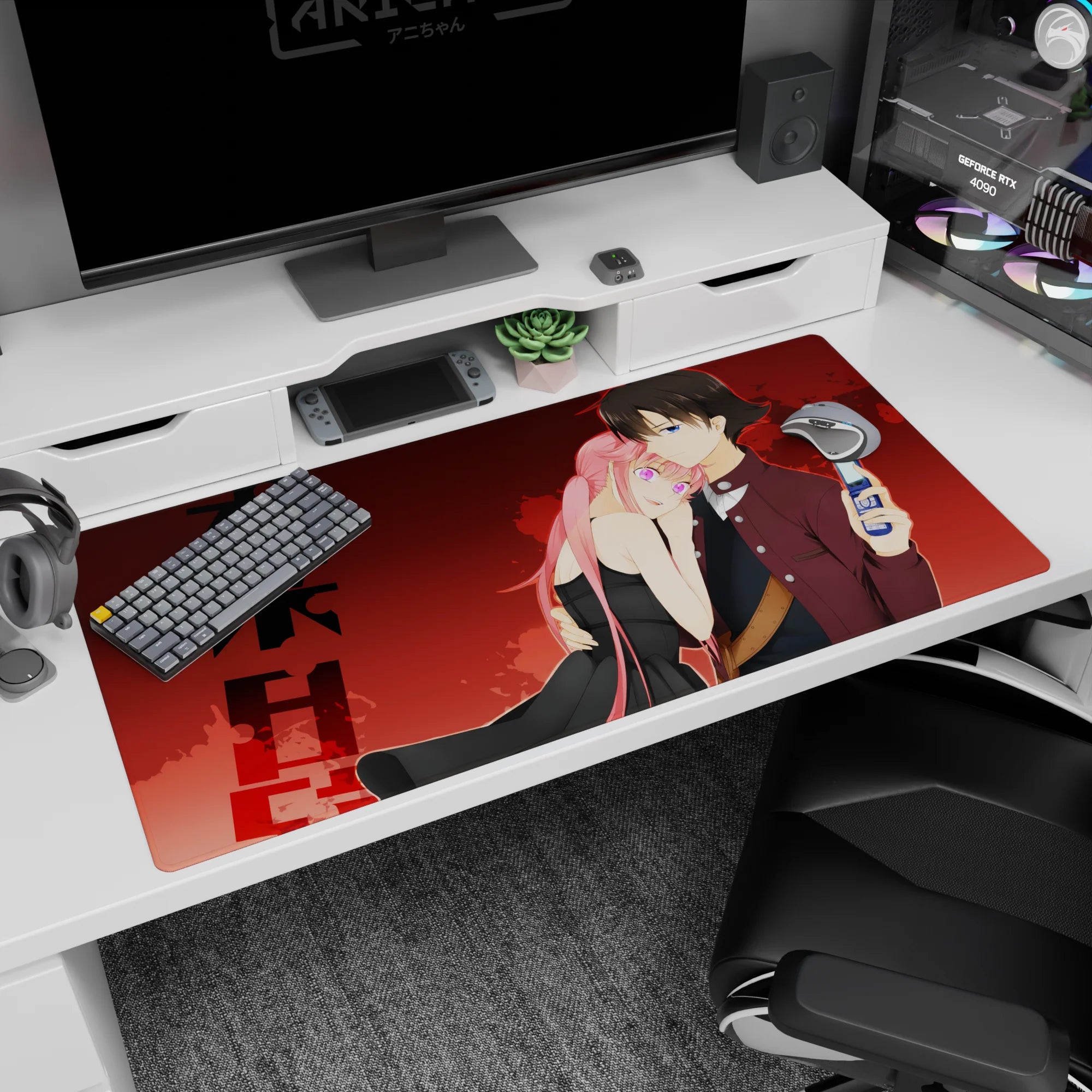 40x20 inches anime desk pad showing pink-haired girl in black dress, guy with flip phone in uniform.