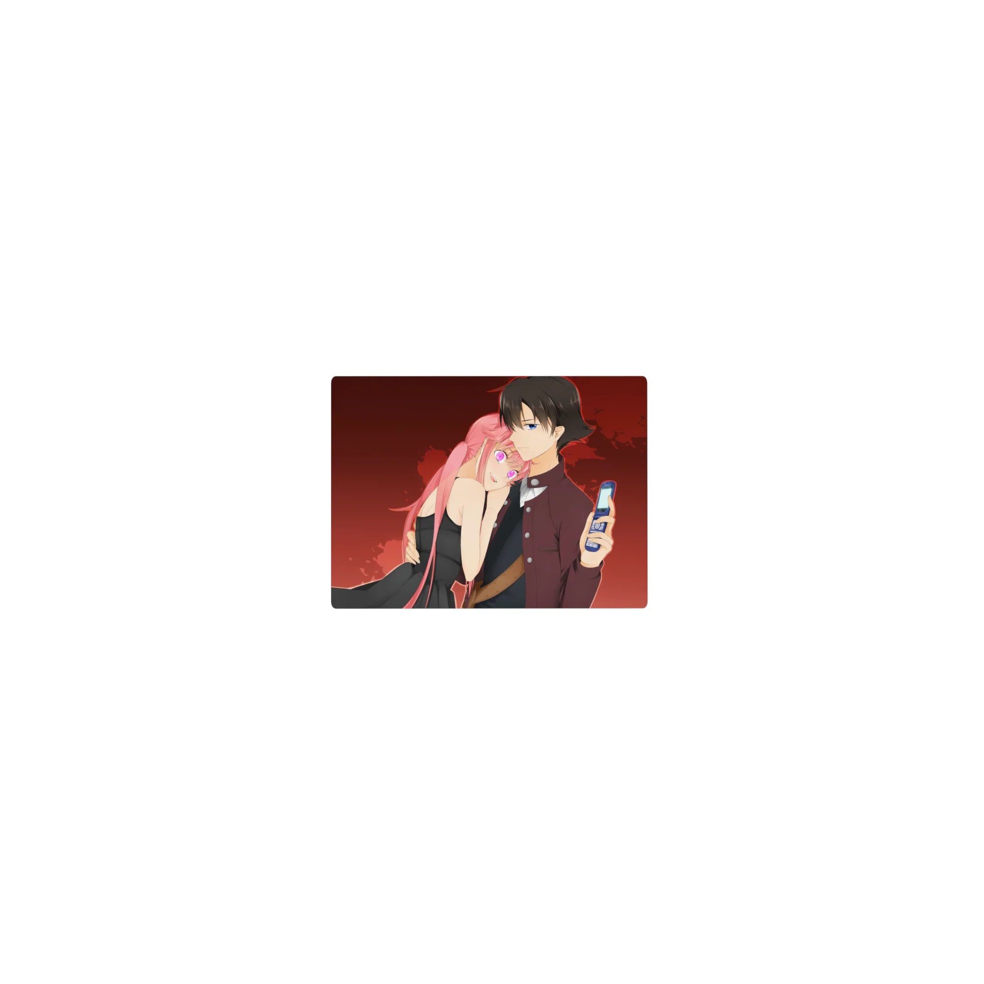 Classic anime mouse pad 14x10 inches with couple under crimson sky, bold black lettering, clean linework.