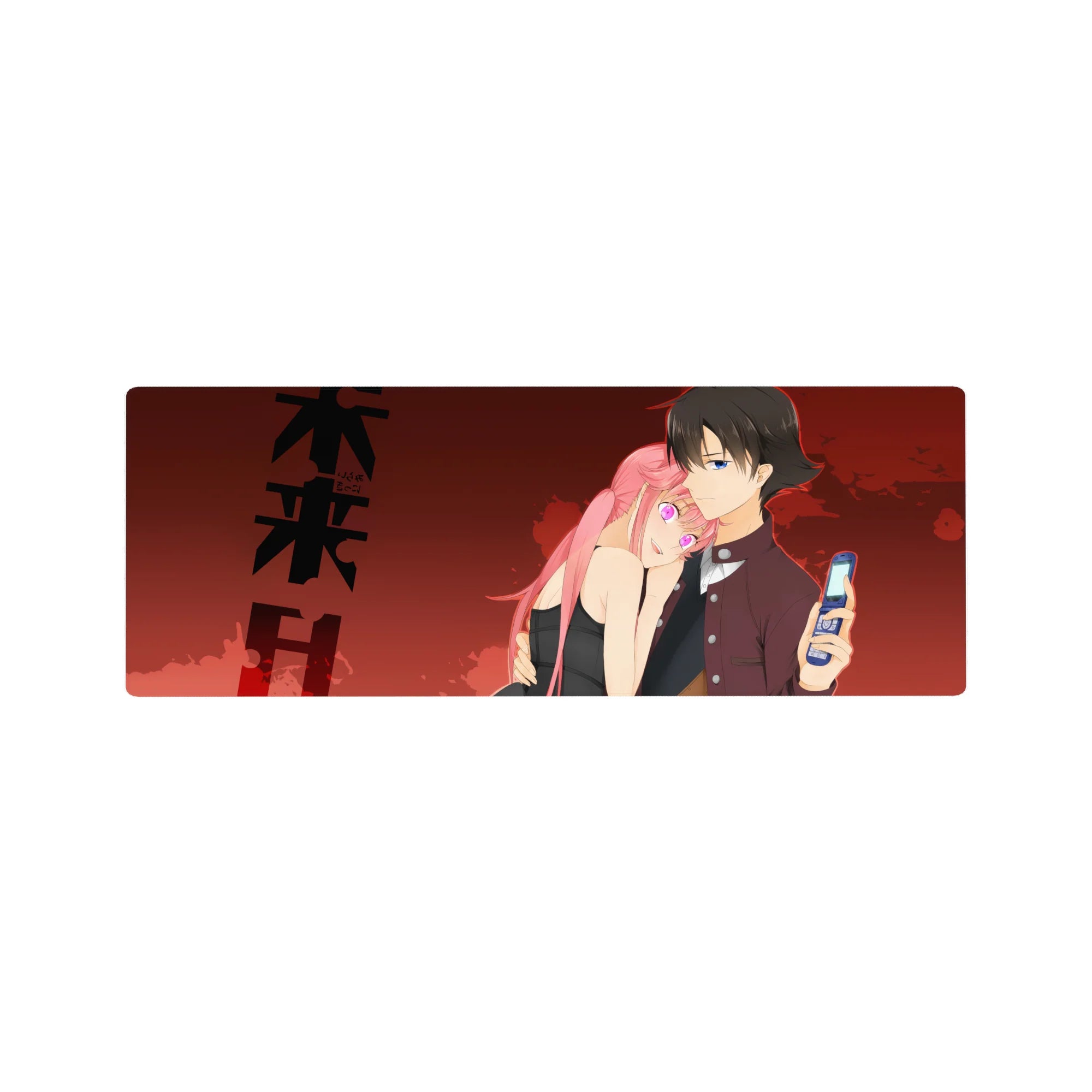 32x12 inches anime mouse pad with pink-haired girl hugging boy in burgundy uniform under crimson sky.