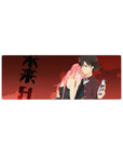 32x12 inches anime mouse pad with pink-haired girl hugging boy in burgundy uniform under crimson sky.