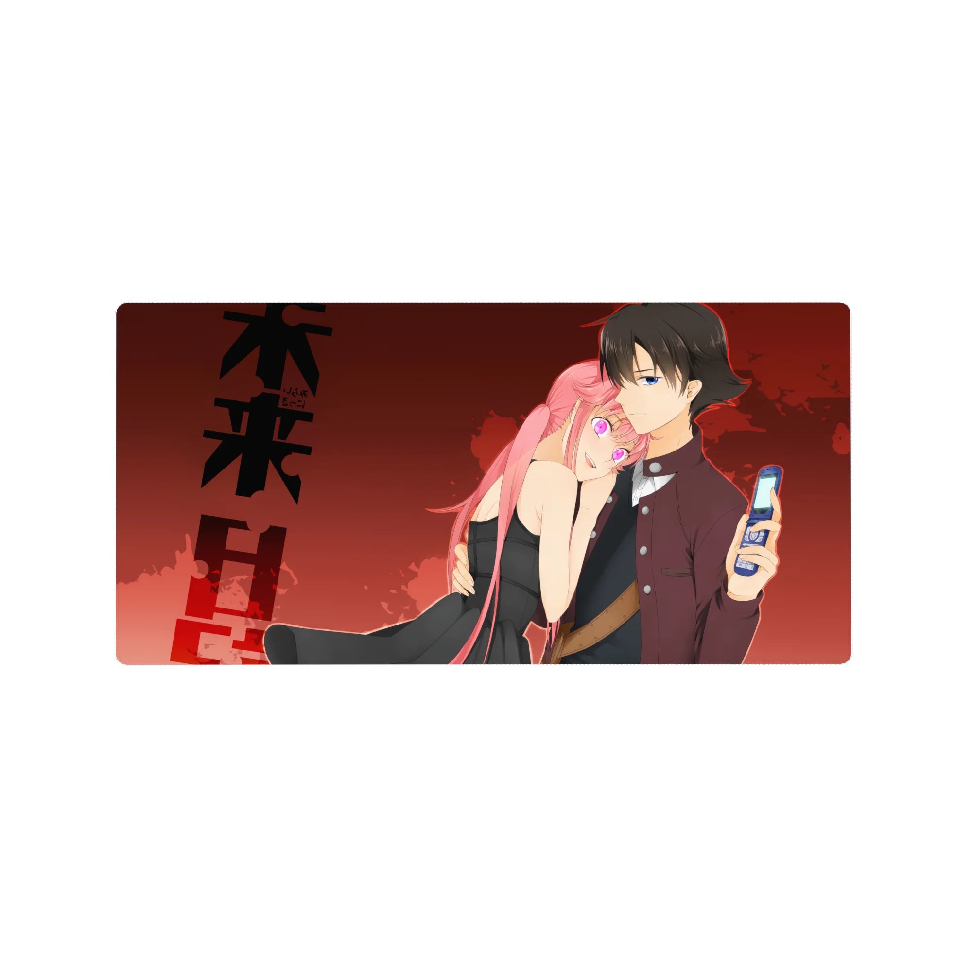 32x16 inches anime mouse pad with crimson sky, bold black lettering, and sleek couple illustration.