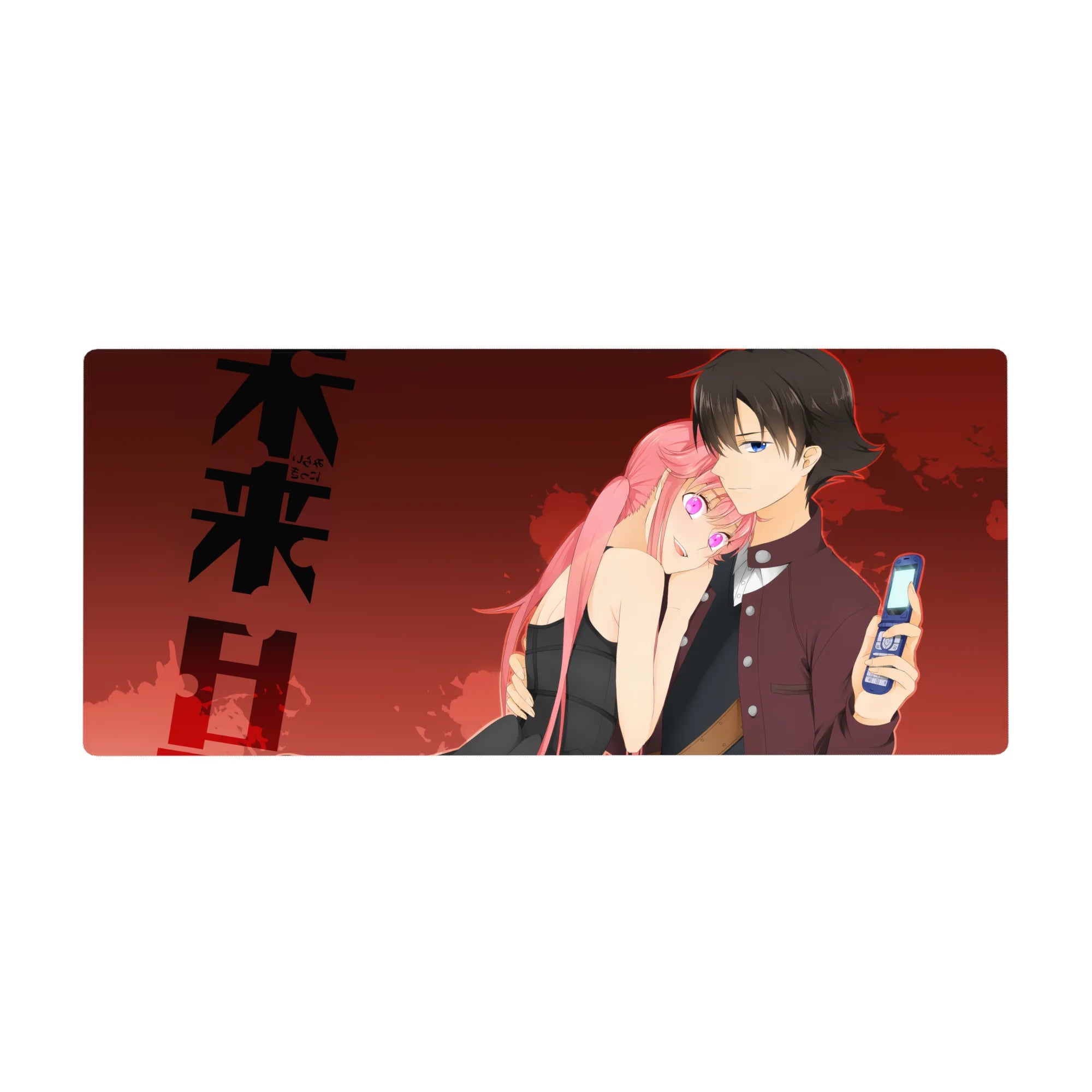 36x16 inches anime desk pad with crimson sky, bold black text, and sleek couple illustration.