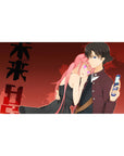 40x20 inches anime desk pad with couple under crimson sky, bold black lettering, clean linework.