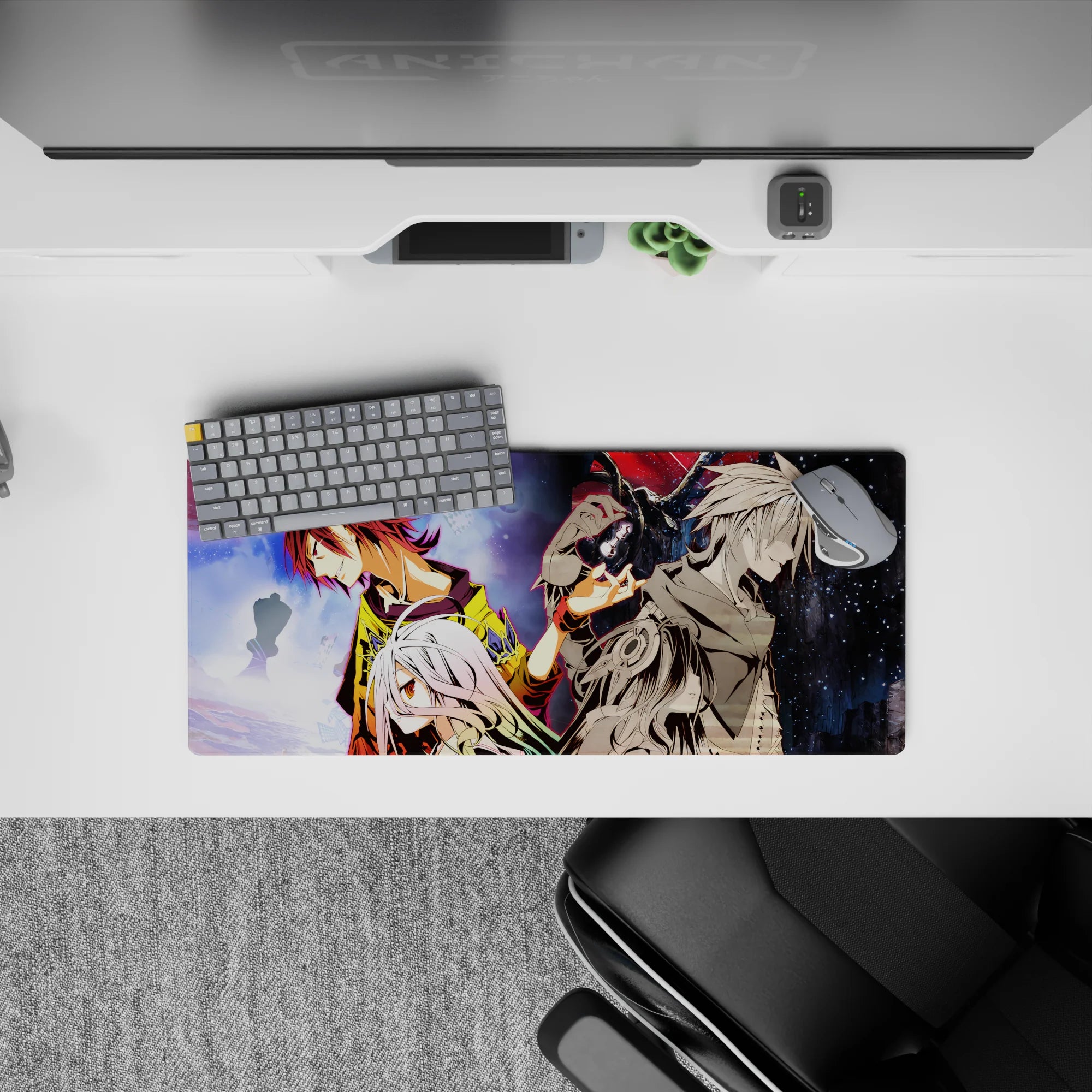 28x12 inches anime mouse pad in neon reds and golds vs midnight blues, intense duel mood with crisp highlights.