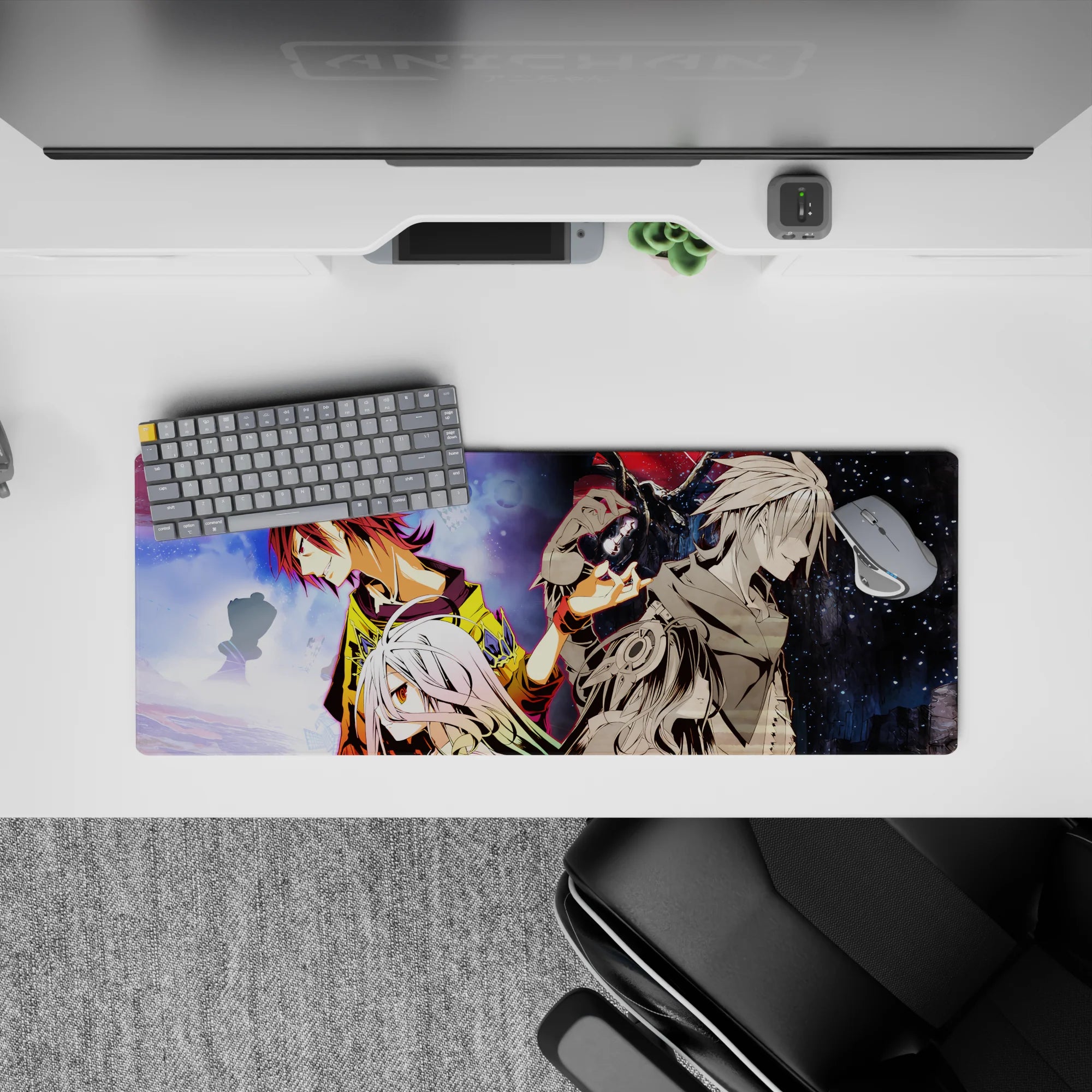 32x12 inches anime mouse pad in neon red-gold vs midnight blue, glossy highlights and tense mood.