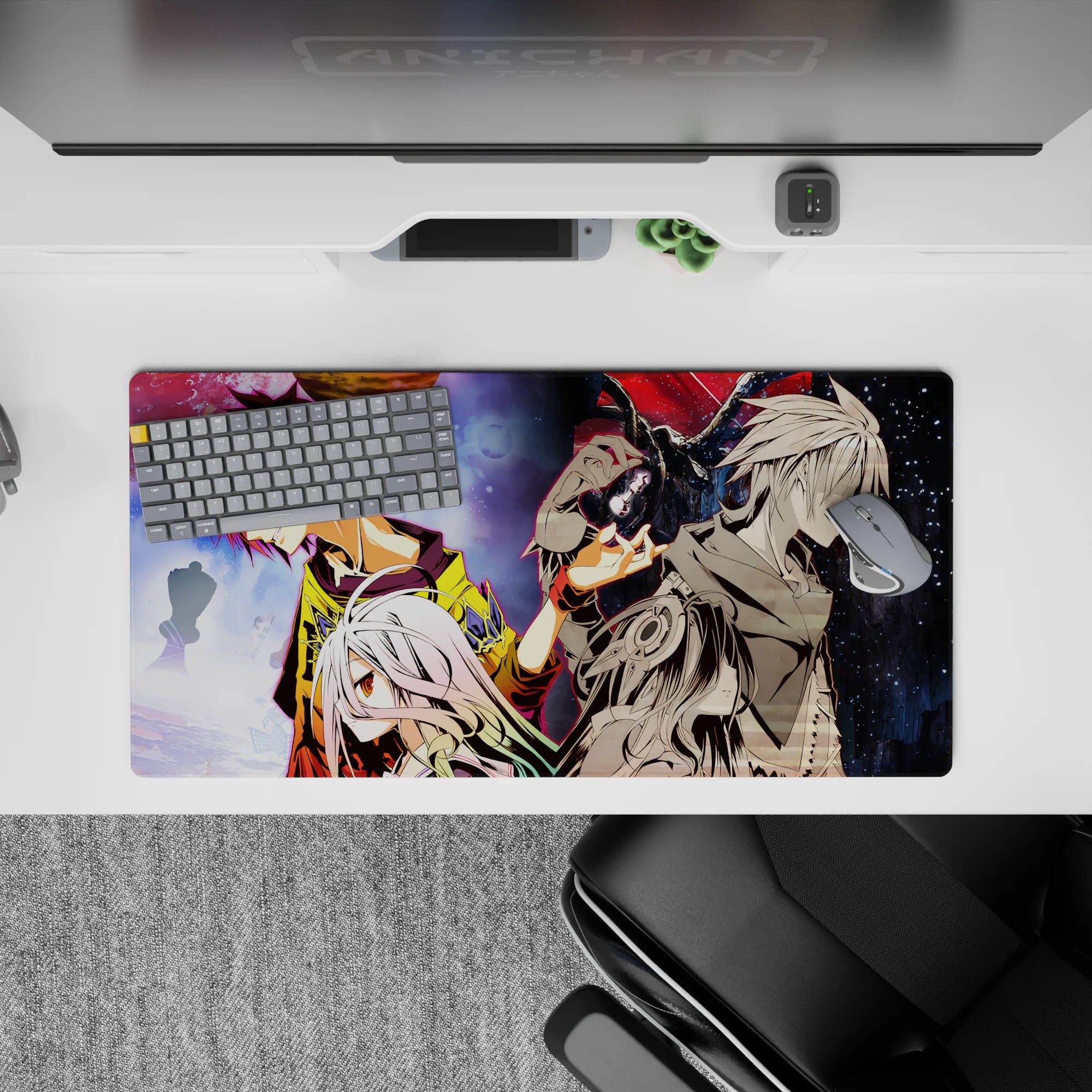 32x16 inches anime mouse pad in neon red/gold vs midnight blue, tense duel mood with crisp highlights.