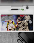 32x16 inches anime mouse pad in neon red/gold vs midnight blue, tense duel mood with crisp highlights.