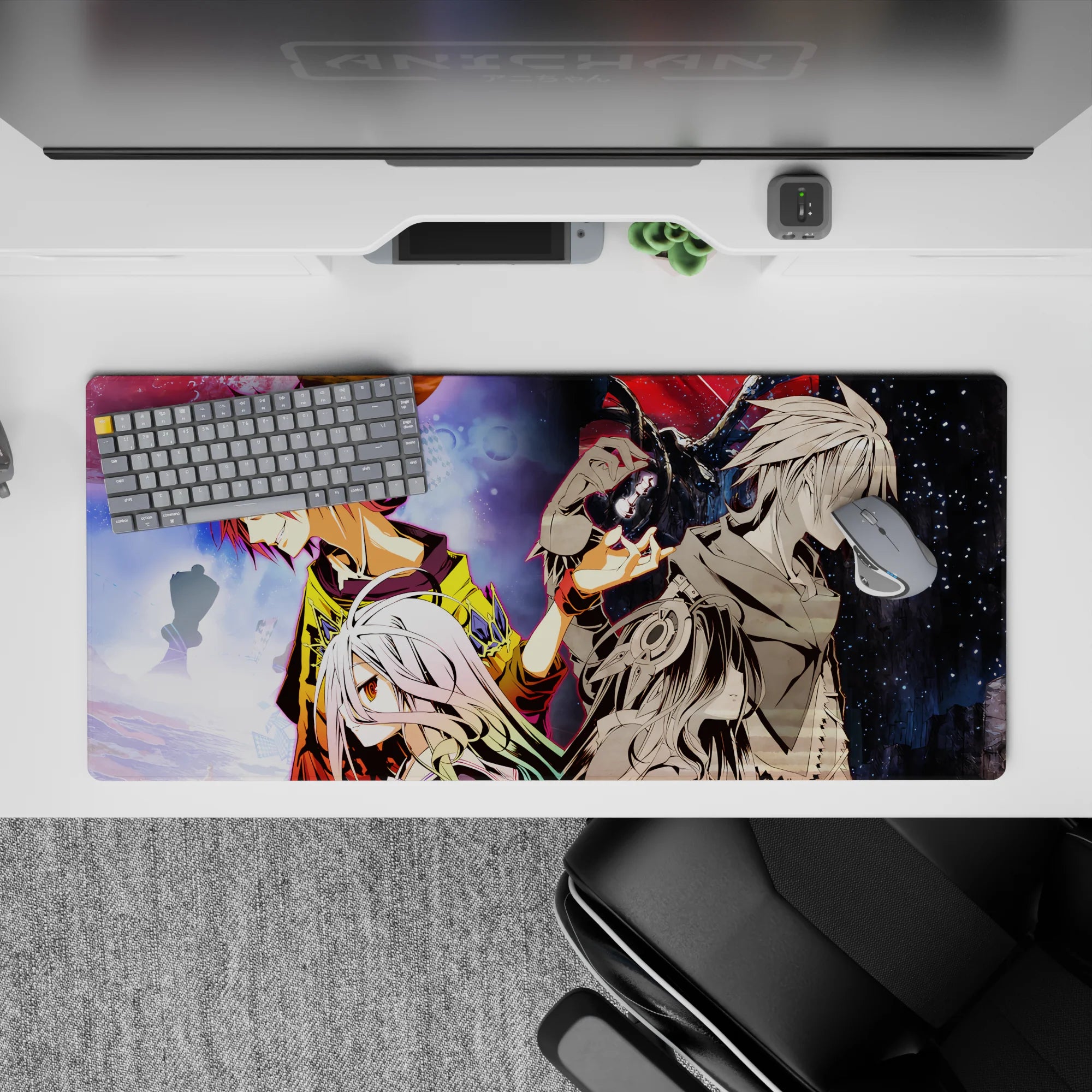 36x16 inches anime desk pad in neon reds and golds vs midnight blues, tense rivalry vibe and glow.