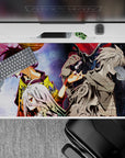 Neon red and gold vs midnight blue anime desk pad 40x20 inches, glossy highlights and dramatic rivalry mood.