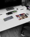 Anime mouse pad 14x10 inches showing two sharp-haired rivals back to back and a white-haired girl front.