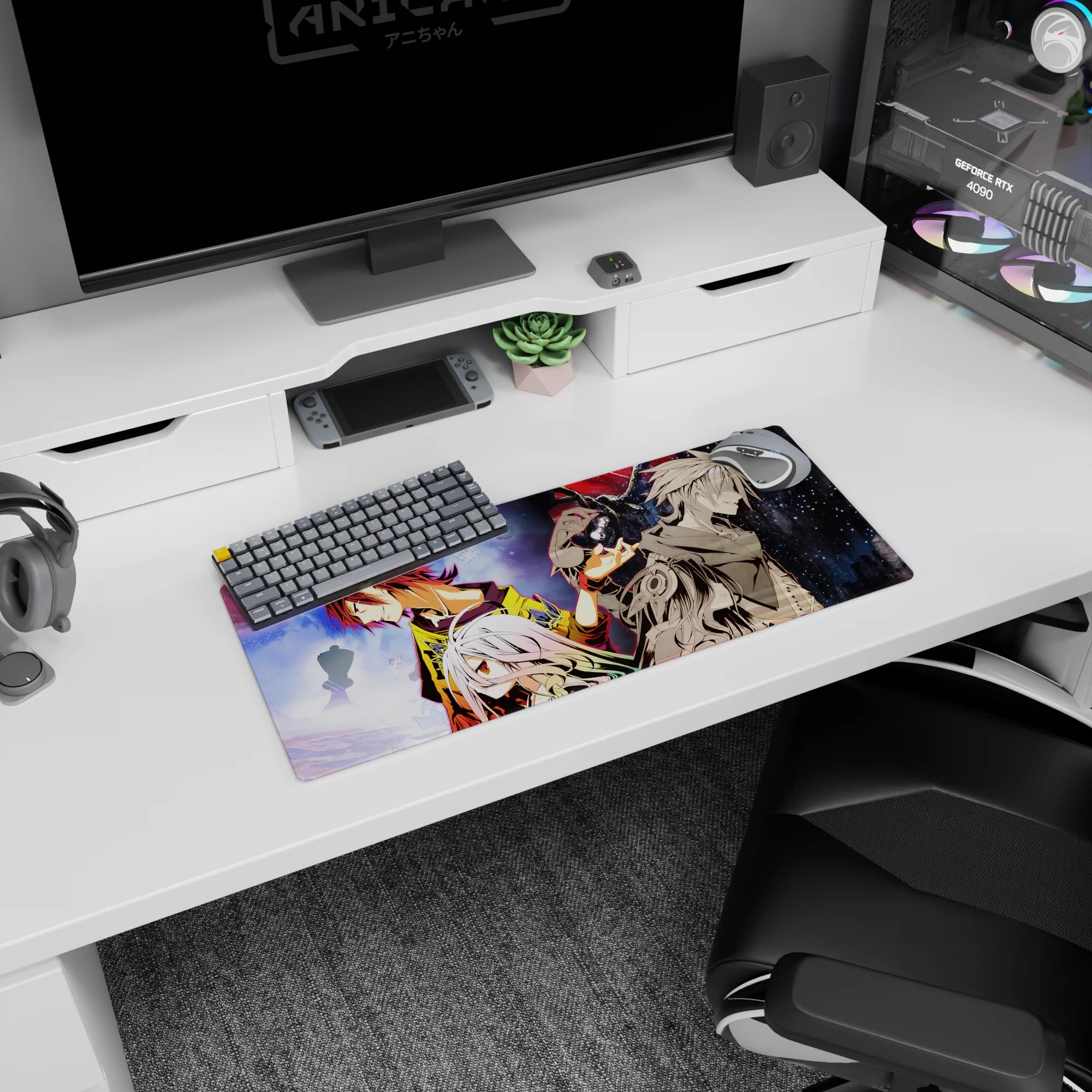 28x12 inches anime mouse pad showing two sharp-haired rivals back to back and a white-haired amber-eyed girl.