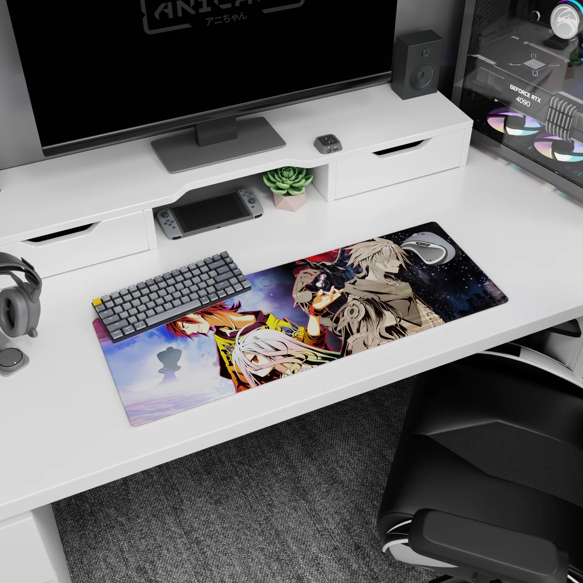 32x12 inches anime mouse pad with white-haired amber-eyed girl before two back-to-back rivals.