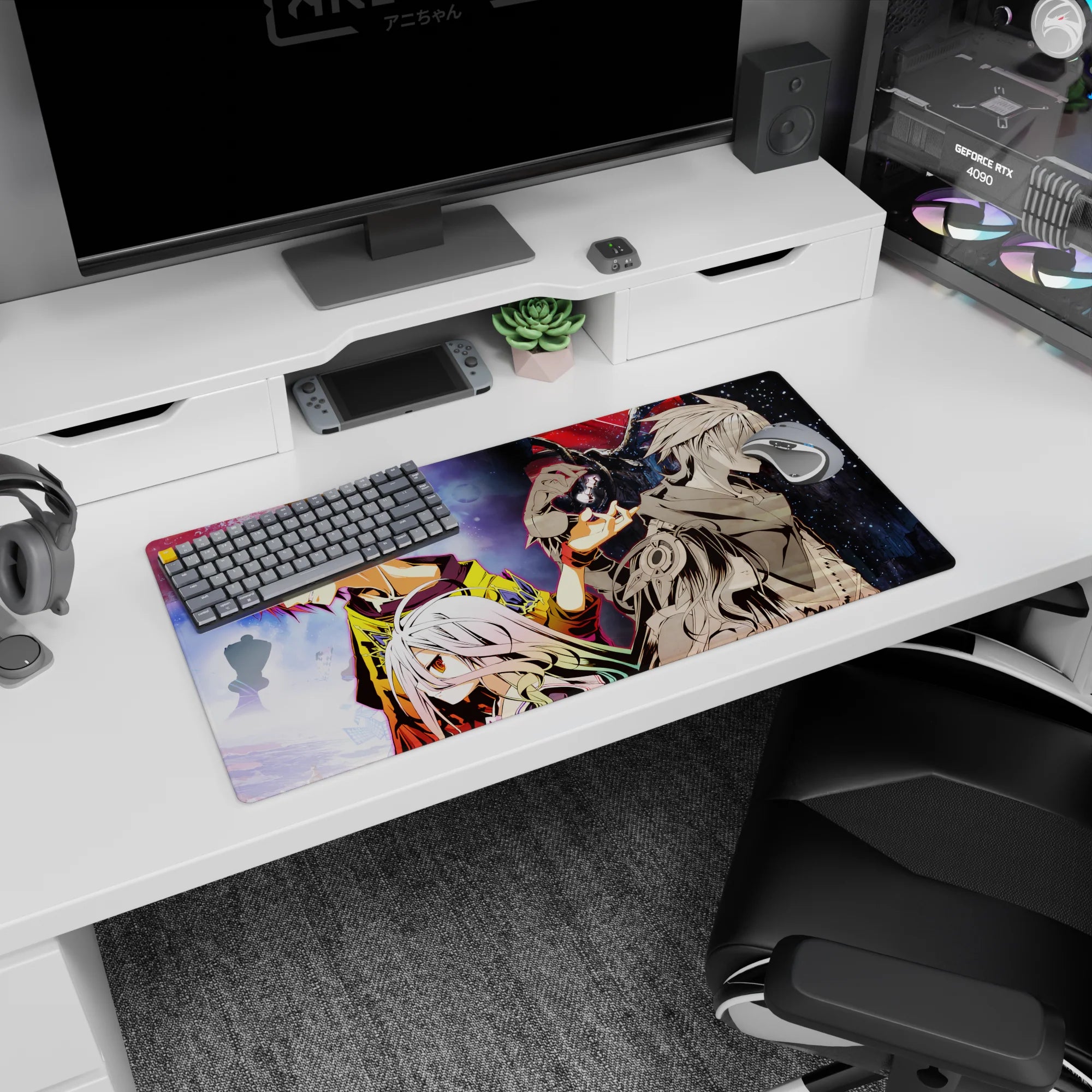 32x16 inches anime mouse pad with back-to-back sharp-haired heroes and white-haired amber-eyed girl front.
