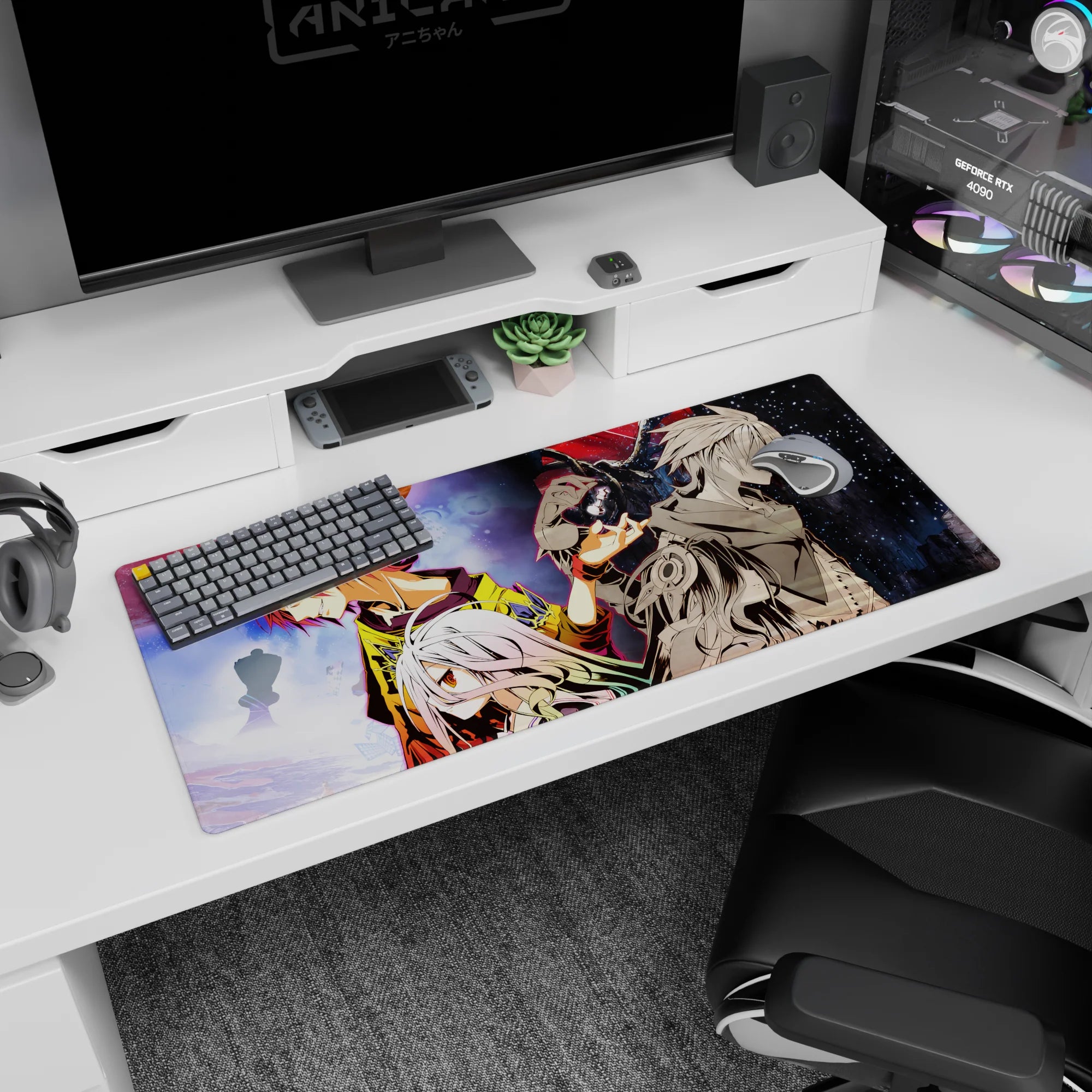 36x16 inches anime desk pad with back-to-back heroes and white-haired girl with amber eyes in front.