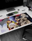 Anime desk pad 40x20 inches featuring white-haired amber-eyed girl before two sharp-haired rivals.