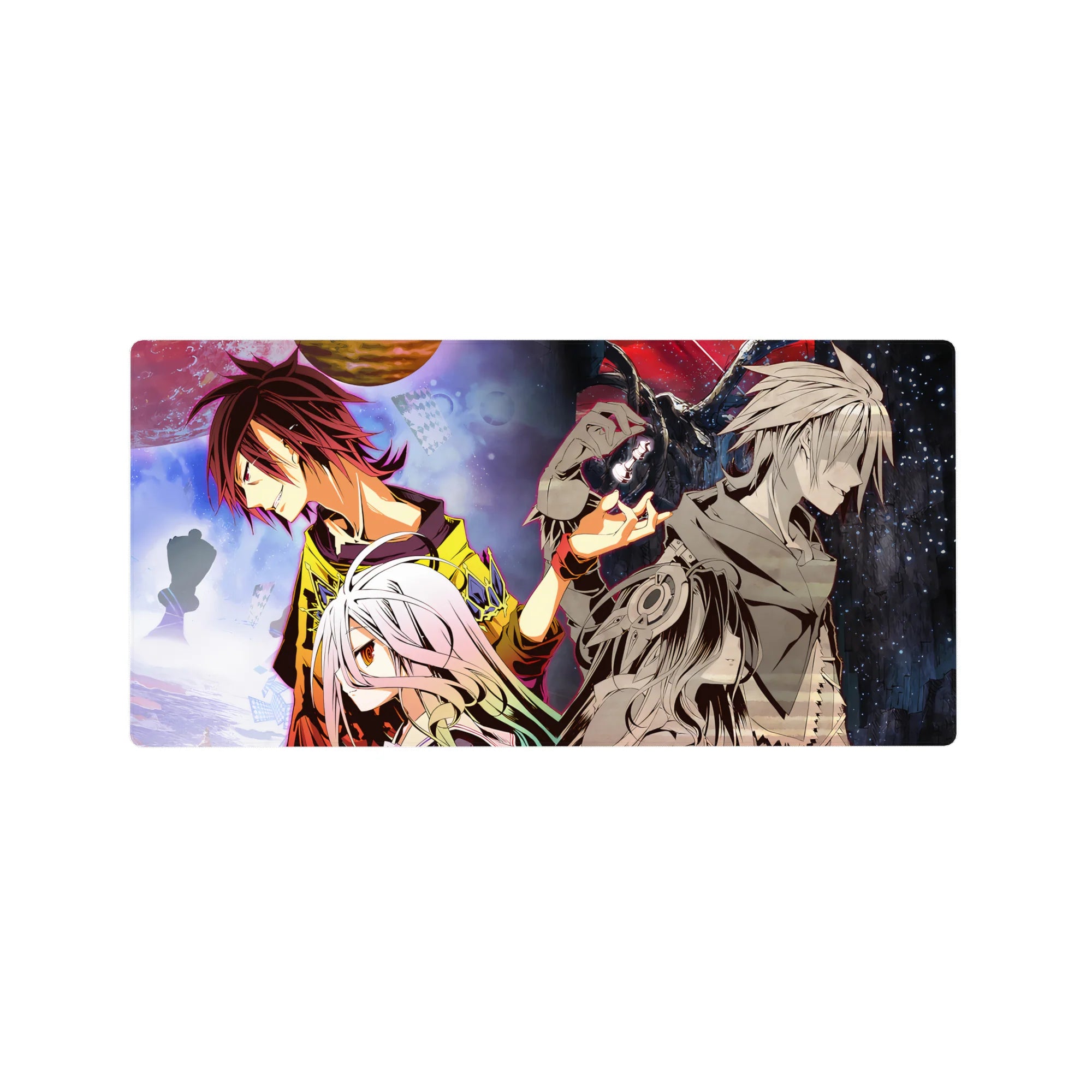 32x16 inches anime mouse pad with split-world rivalry art, chess silhouettes, drifting cards, glossy linework.
