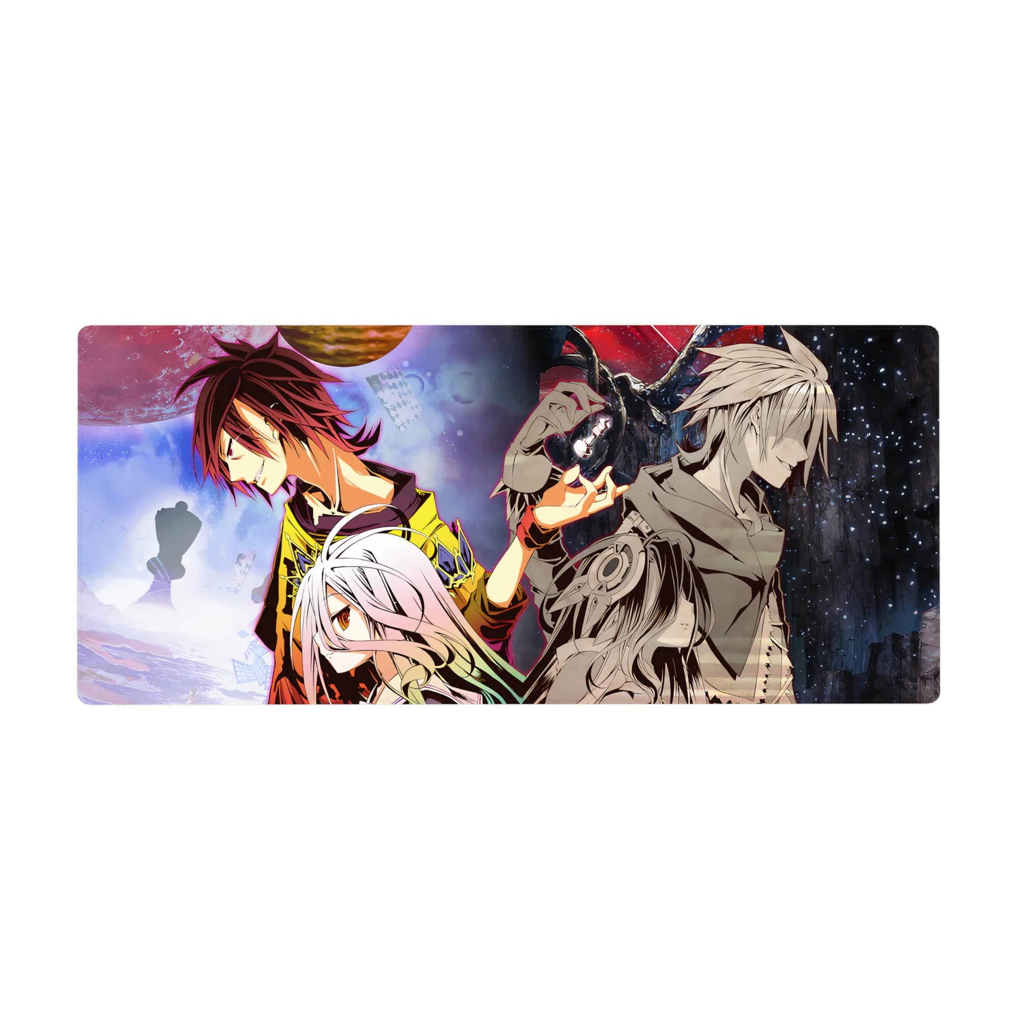 36x16 inches anime desk pad with split-world rivals, chess silhouettes, drifting cards, glossy linework.