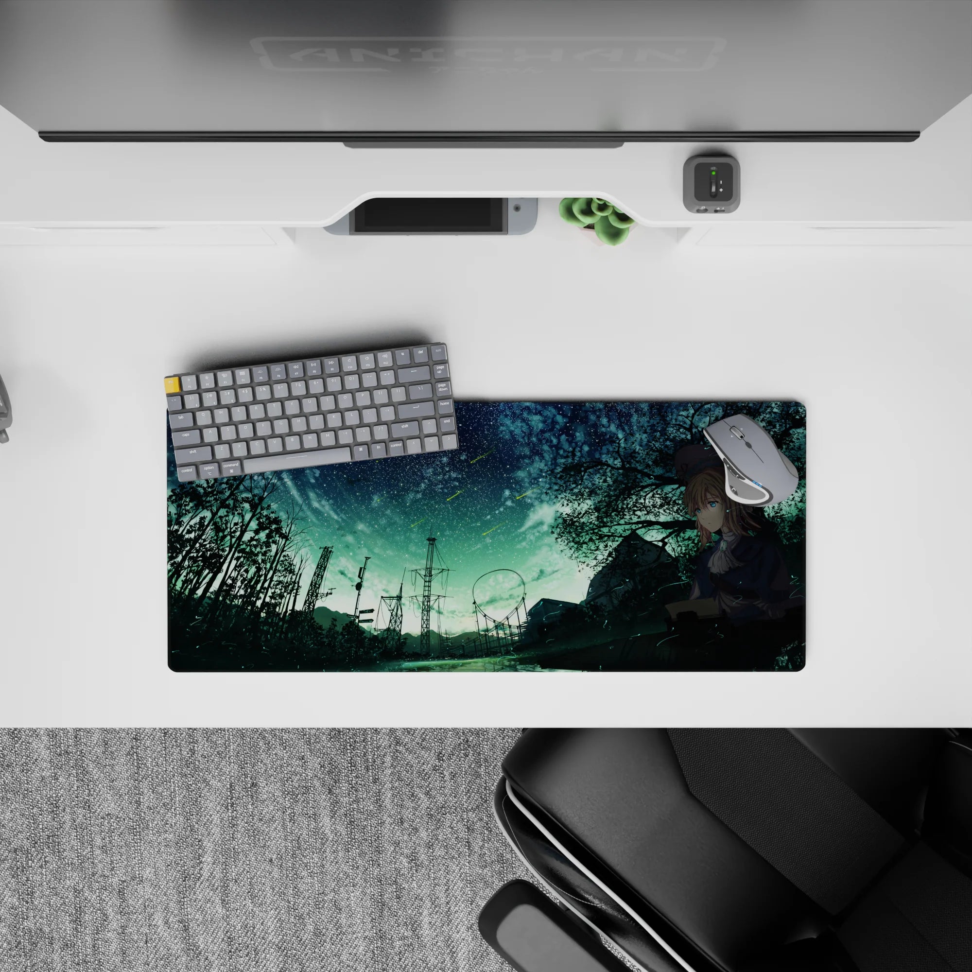 Bittersweet mint-green sky anime girl mouse pad 28x12 inches in deep teal shadows and black trees.