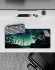 Bittersweet mint-green sky anime girl mouse pad 28x12 inches in deep teal shadows and black trees.