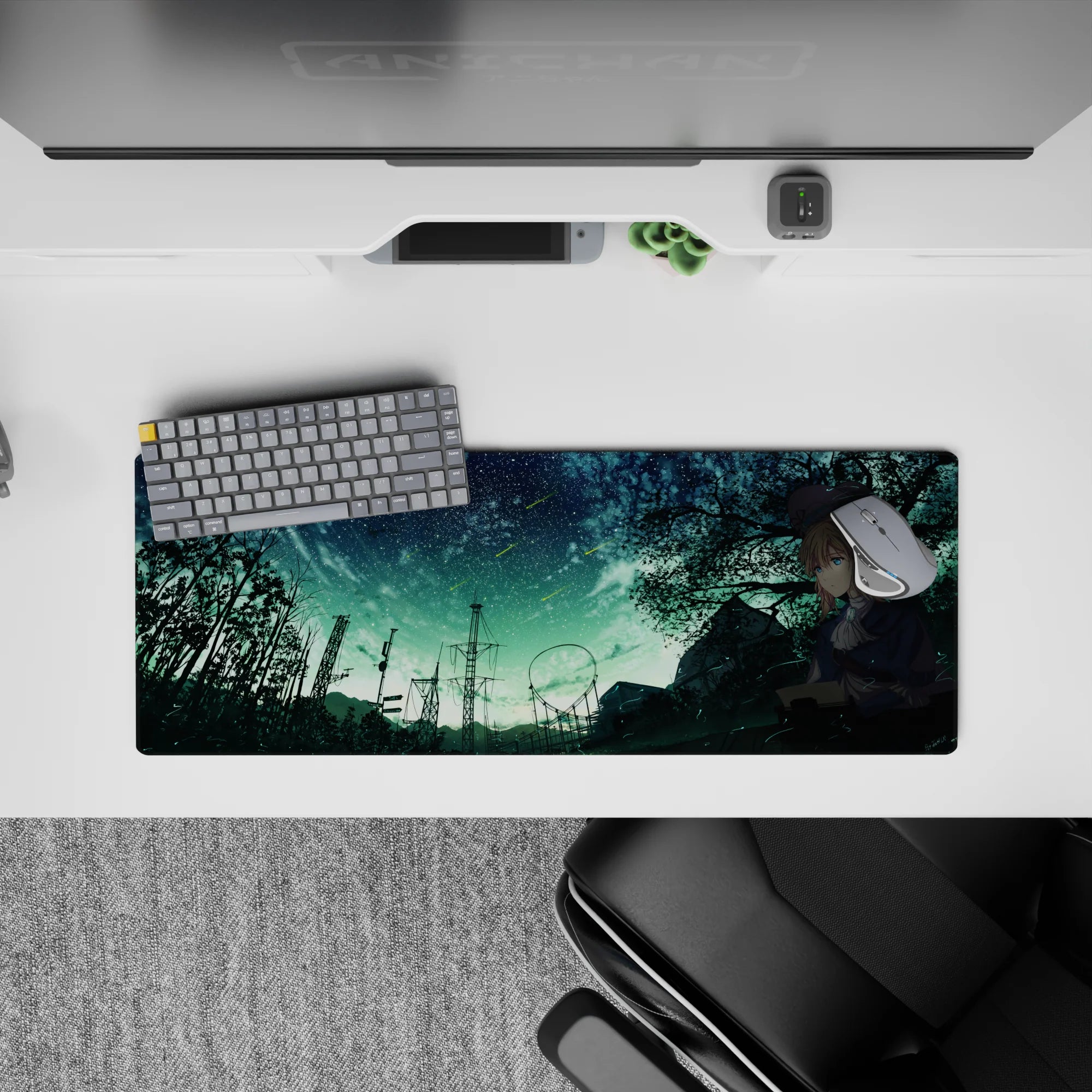 32x12 inches anime girl mouse pad in deep teal shadows with shooting stars, dreamy bittersweet night vibe.