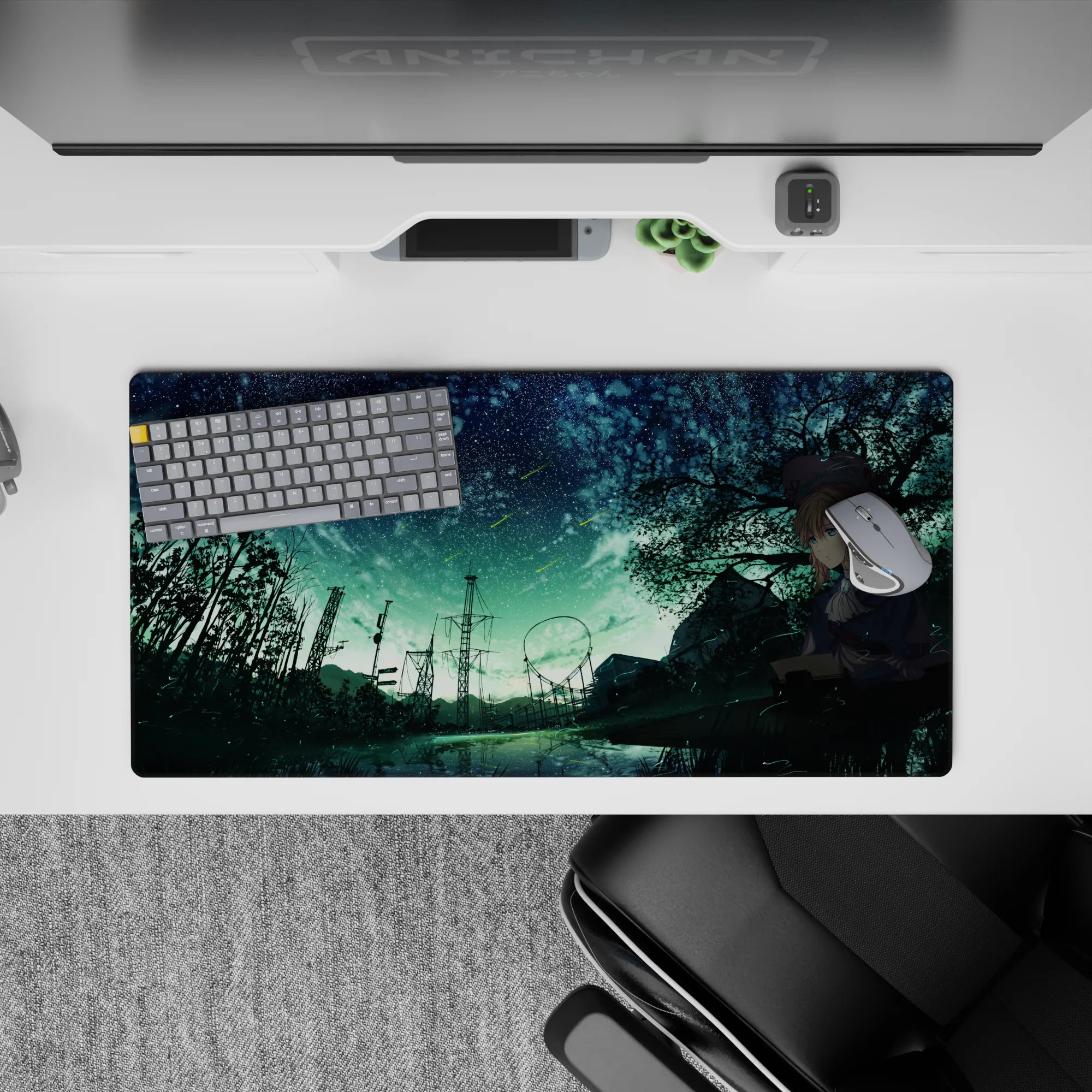 32x16 inches anime girl mouse pad in deep teal shadows with bittersweet, dreamy night vibe and shooting stars.