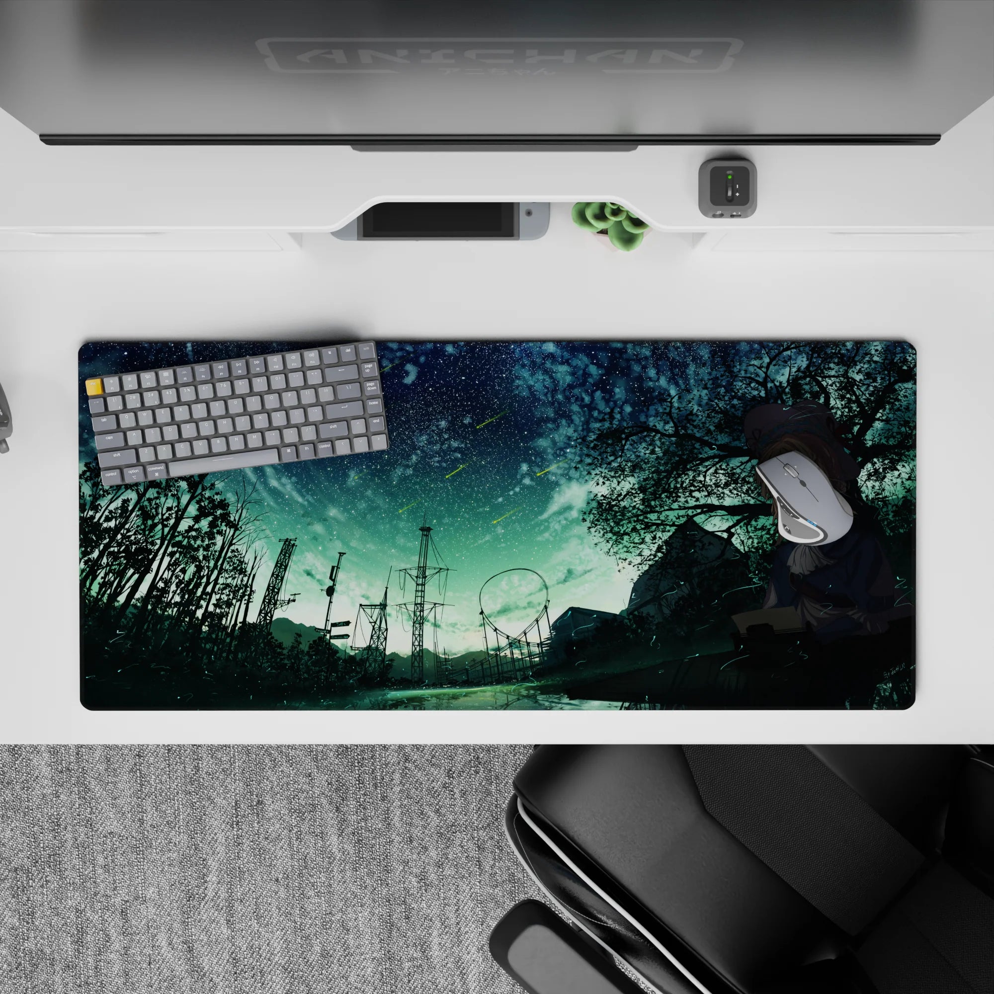 Bittersweet mint-green night anime desk pad 36x16 inches in deep teal shadows with dreamy haunted vibes.
