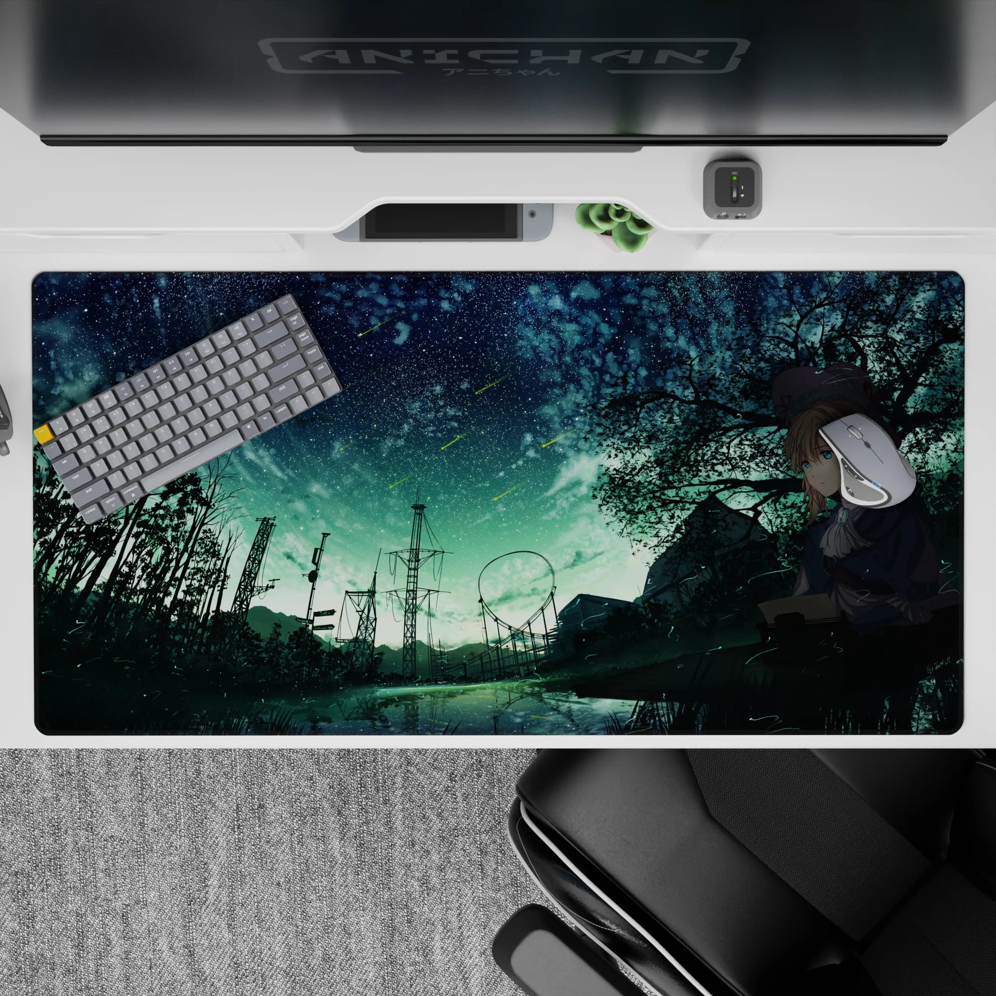 Mint-green night sky desk pad 40x20 inches in deep teal shadows, calm bittersweet anime vibe.