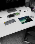 Blonde anime girl at a typewriter mouse pad 14x10 inches, black tree silhouettes and haunted night.