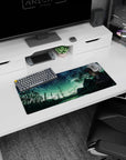 Quiet blonde anime girl at a typewriter under shooting stars mouse pad 28x12 inches with forest silhouette.