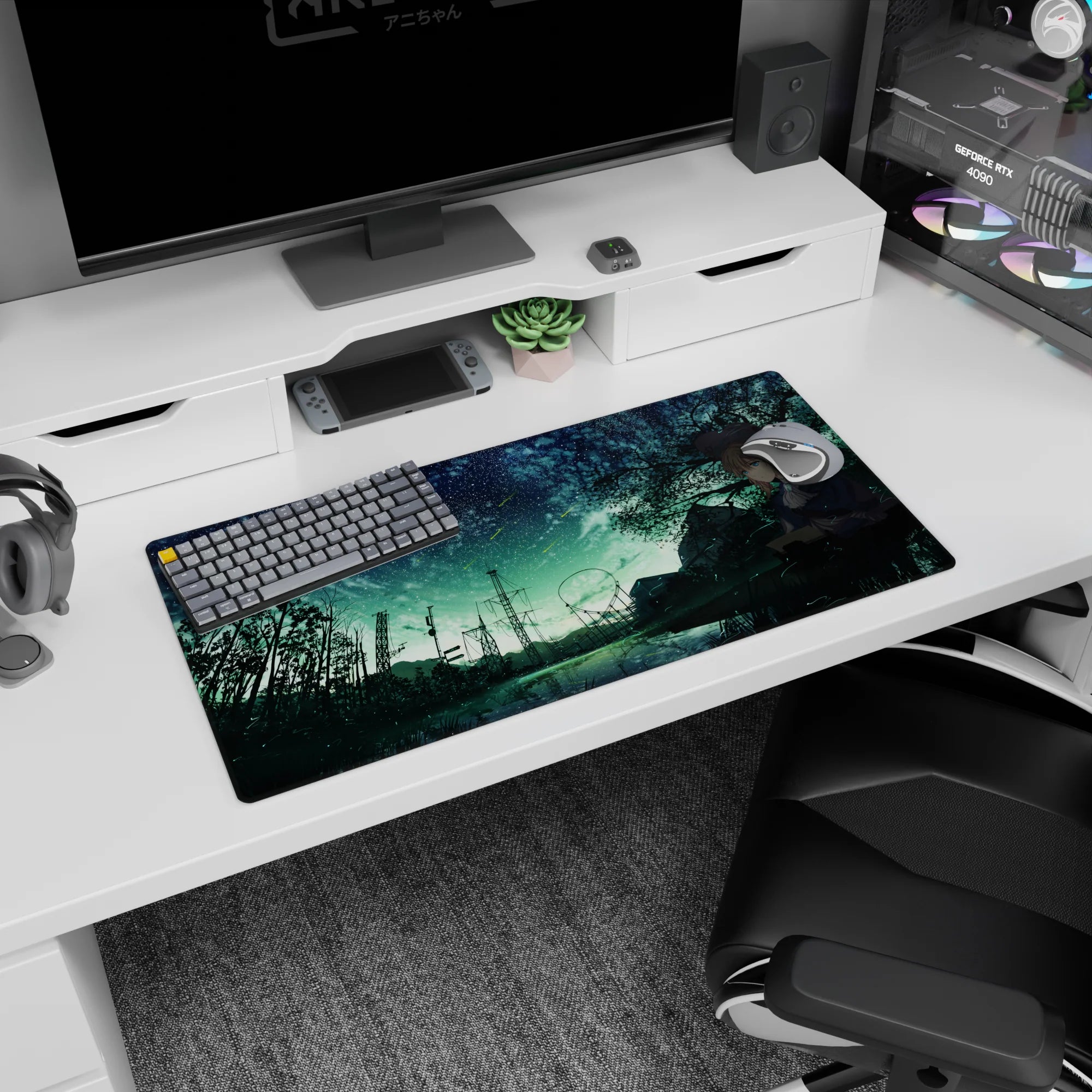 32x16 inches anime girl mouse pad featuring a quiet blonde girl writing at an old typewriter under shooting stars.