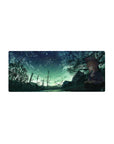 Anime girl mouse pad 28x12 inches with night sky, shooting stars, typewriter, and distant roller coaster.