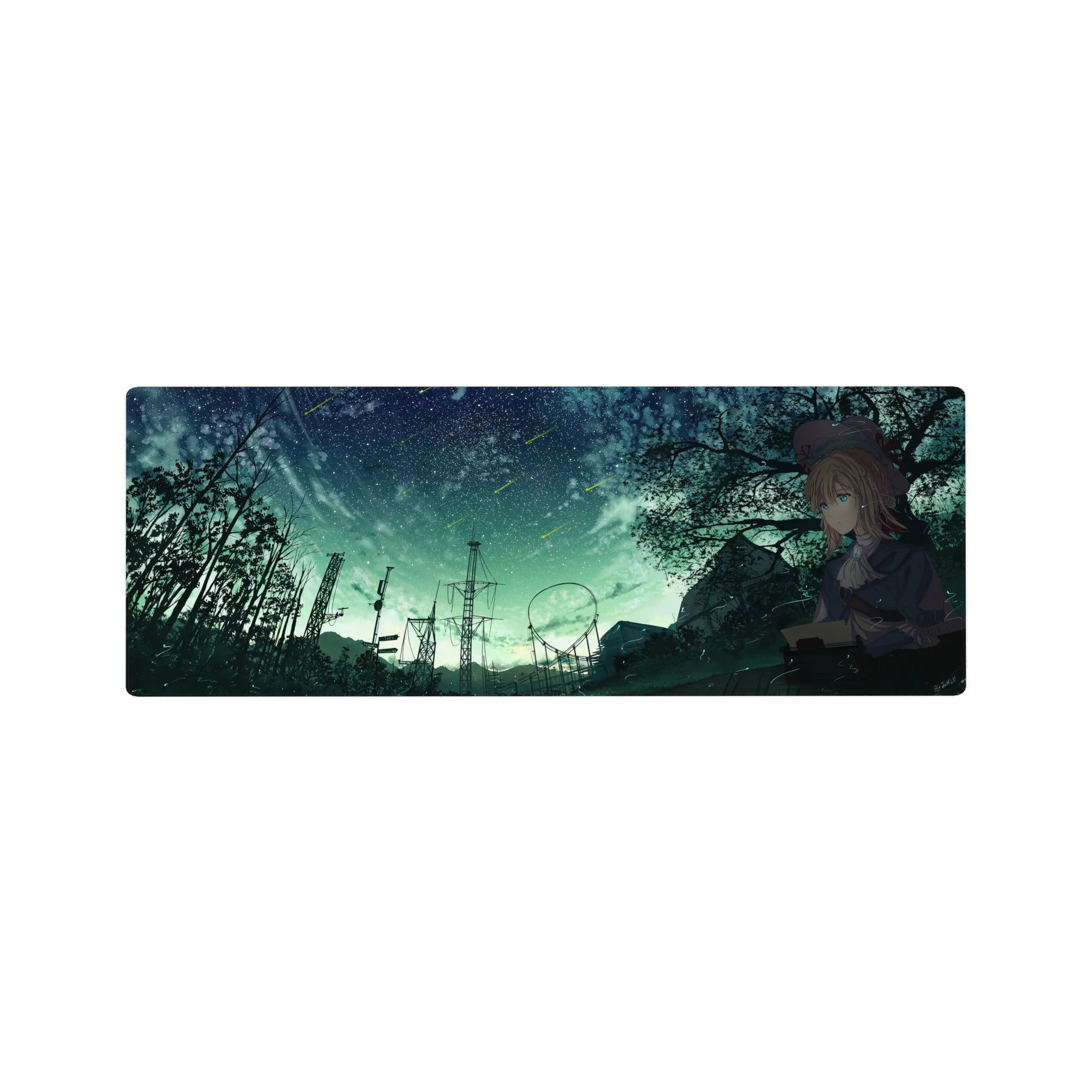 32x12 inches anime girl mouse pad with blonde typist under mint-green starry sky and roller-coaster frame.