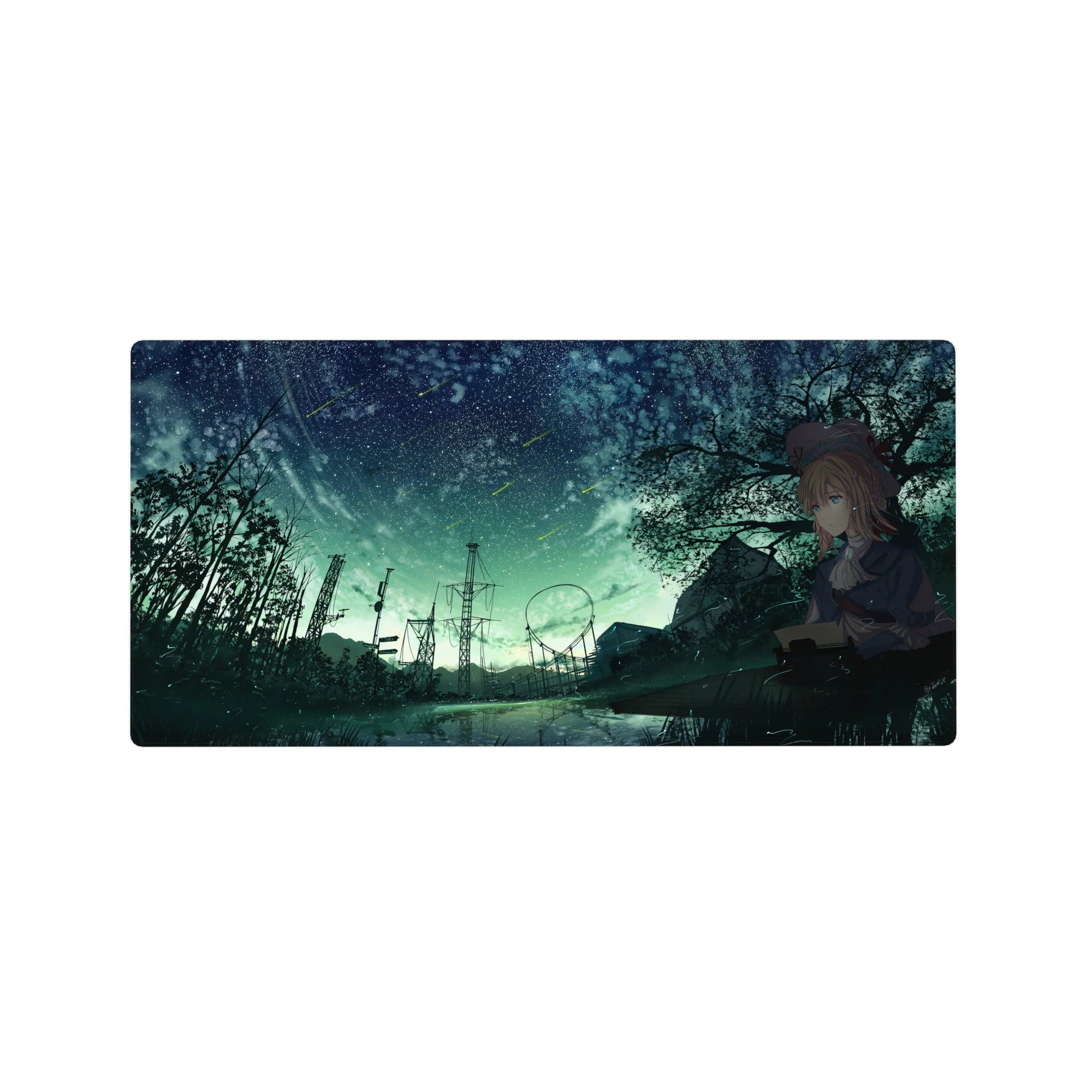 32x16 inches anime girl mouse pad with mint-green starry sky, typewriter scene, trees and roller-coaster.