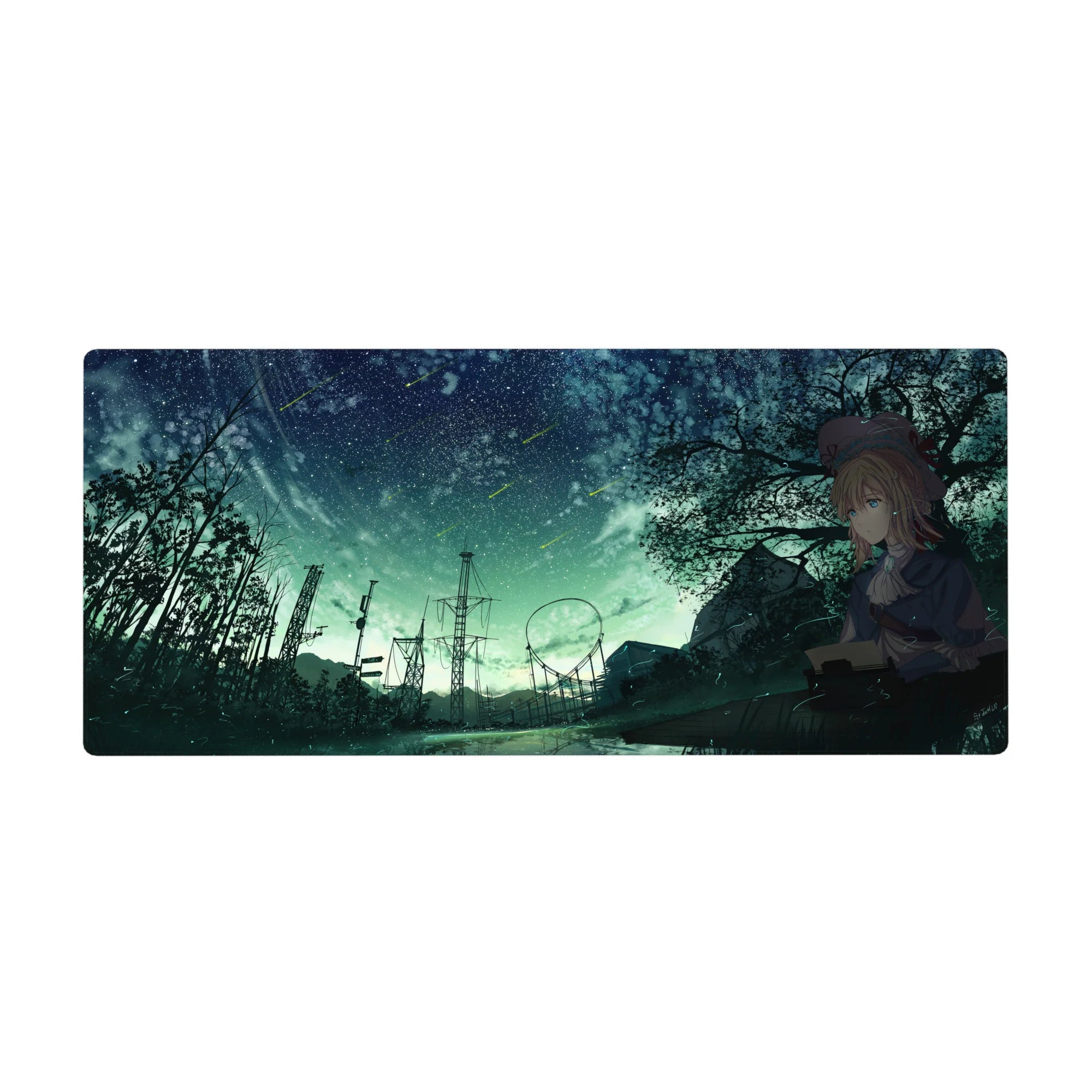 Anime girl desk pad 36x16 inches with blonde typist under shooting stars, trees and distant roller coaster.
