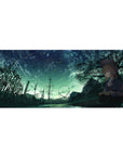 Anime girl desk pad 36x16 inches with blonde typist under shooting stars, trees and distant roller coaster.