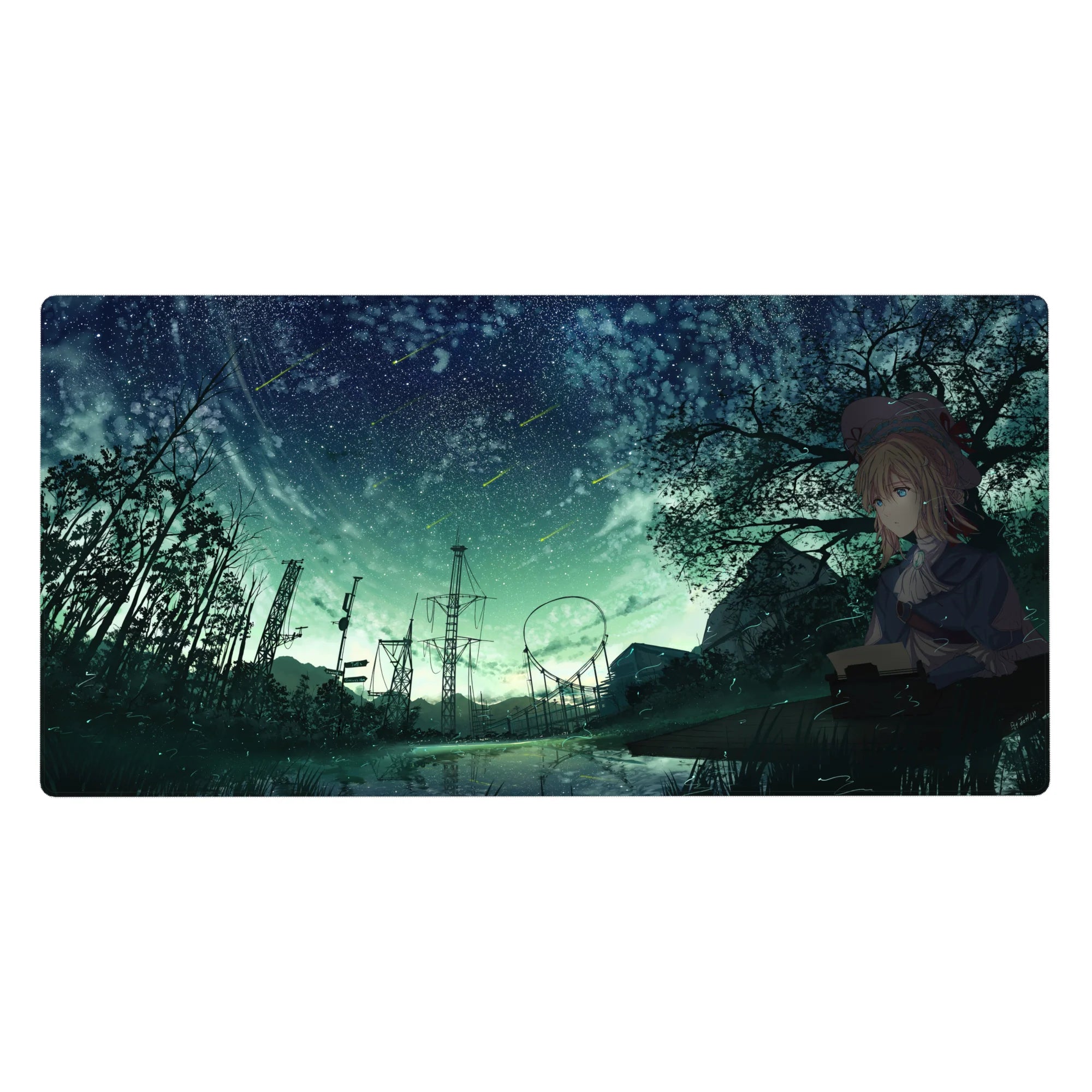 Anime girl desk pad 40x20 inches with blonde typist under shooting stars, trees and distant roller coaster.