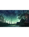 Anime girl desk pad 40x20 inches with blonde typist under shooting stars, trees and distant roller coaster.