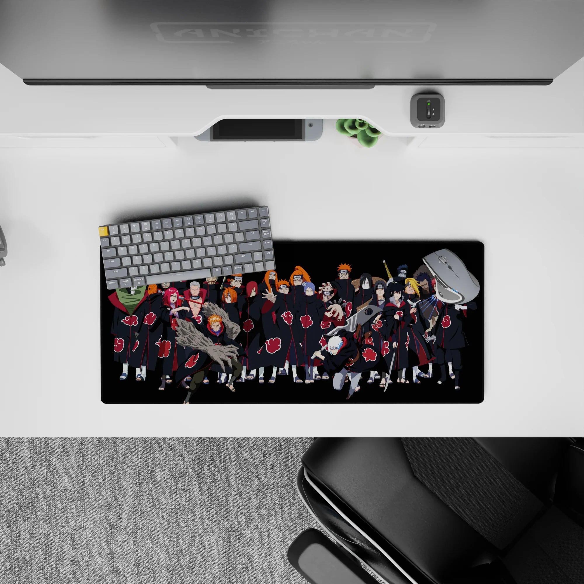 Dark black and candy-red Akatsuki anime mouse pad, 28x12 inches, sinister vibe with clean spacing.
