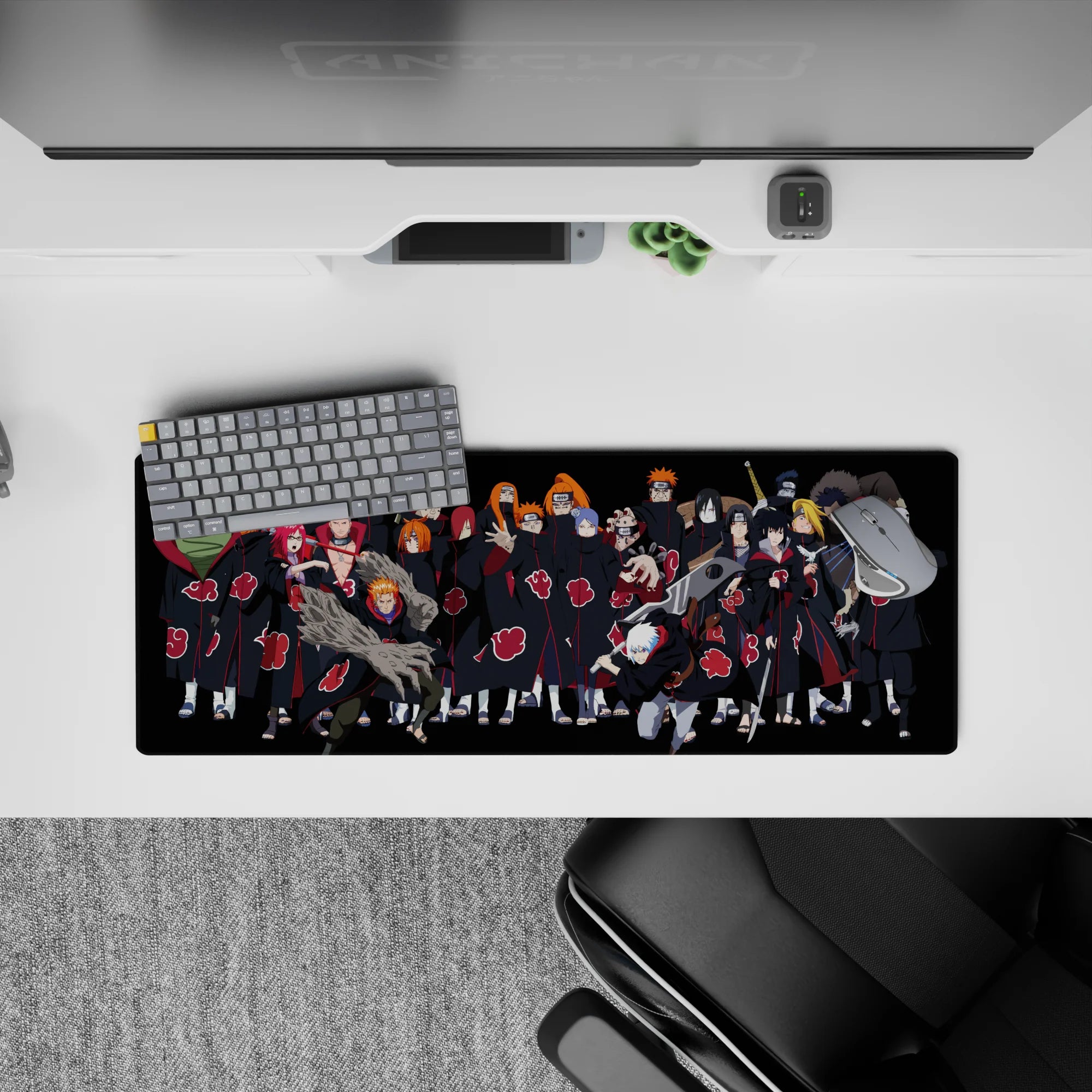 Dark black and candy-red Akatsuki anime desk mat 32x12 inches, sinister fun vibe with smooth glide.