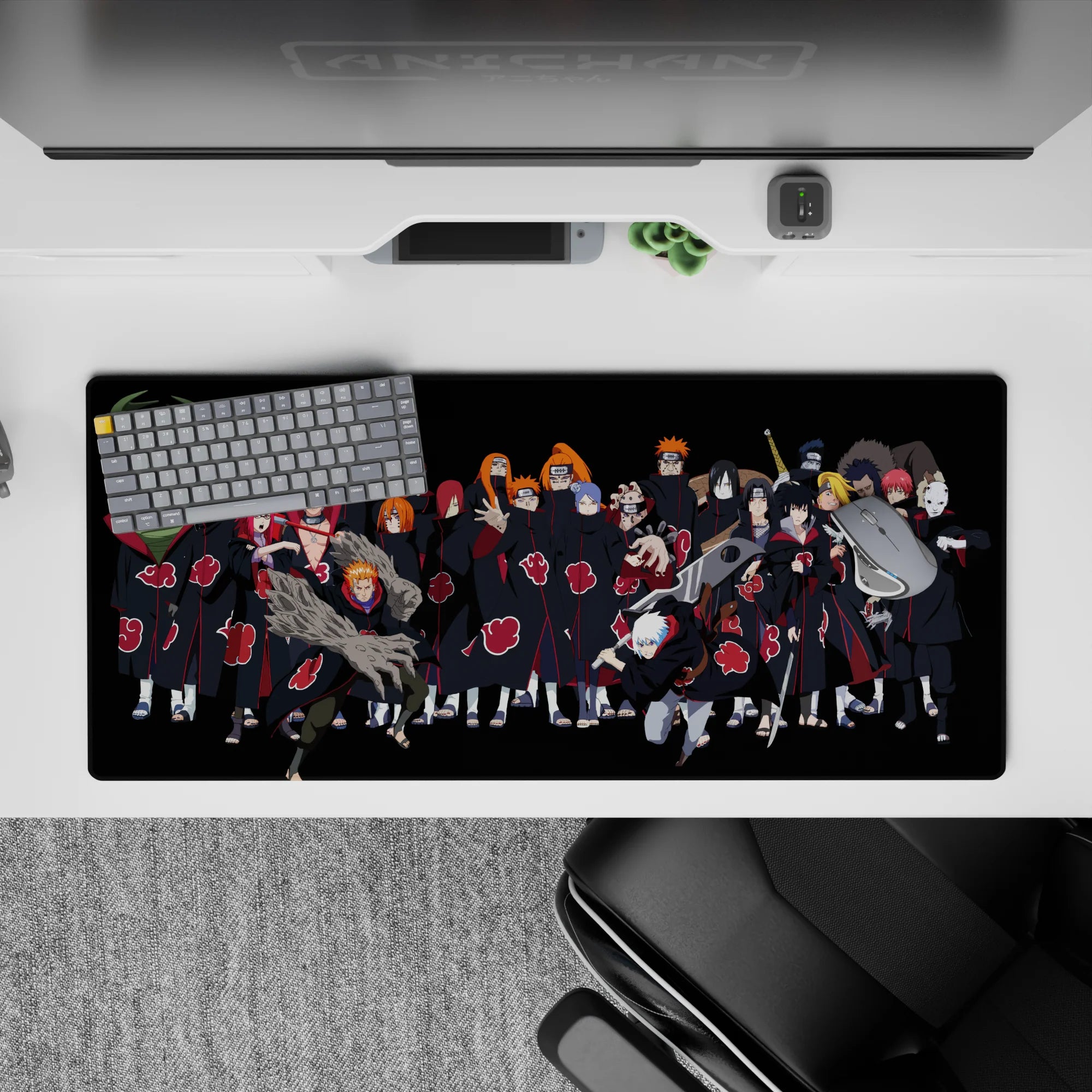 Dark black and candy-red Akatsuki cloud anime desk pad 36x16 inches, sharp spacing and sinister vibe.