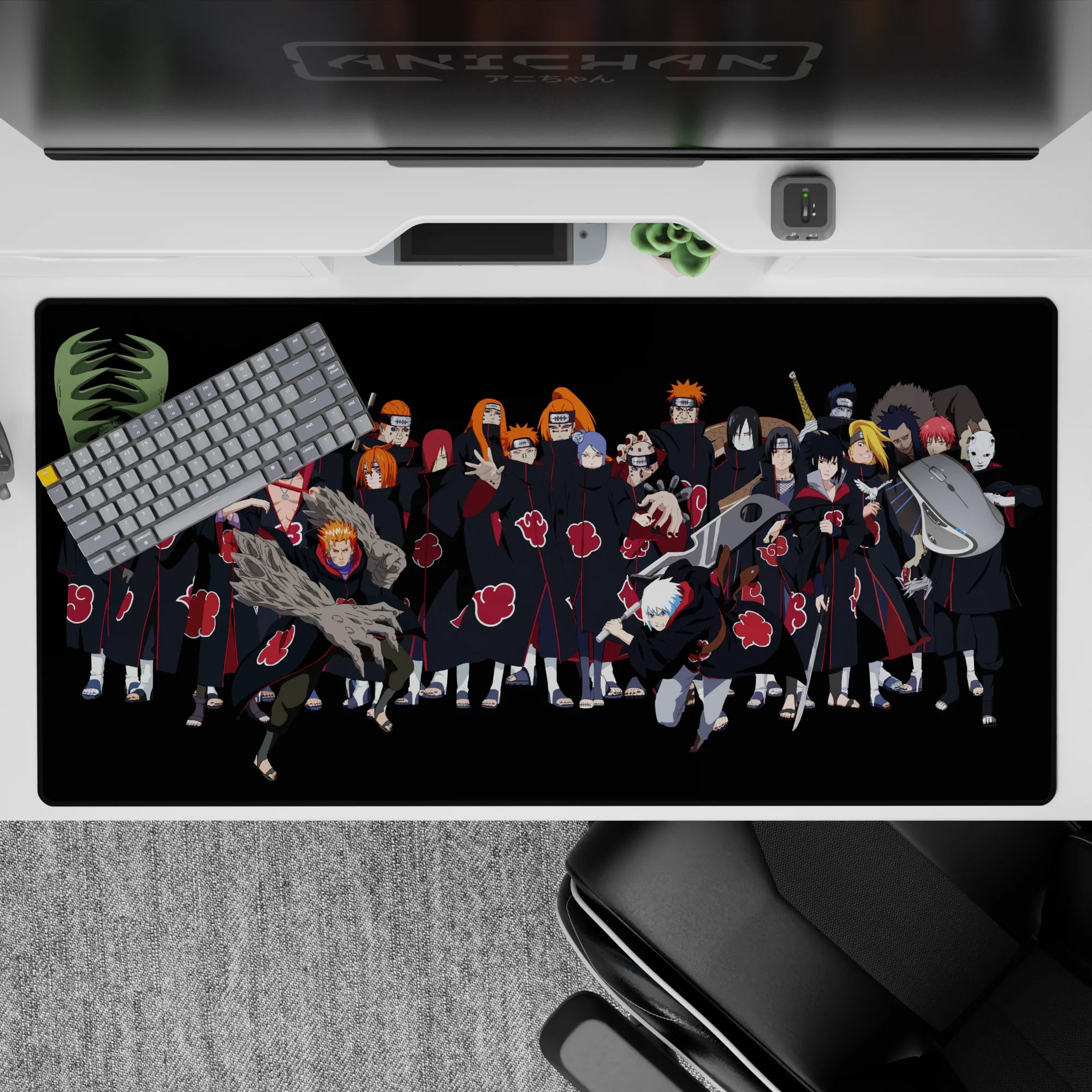 Dark anime desk pad 40x20 inches with deep blacks and candy-red Akatsuki clouds, sinister fun mood.