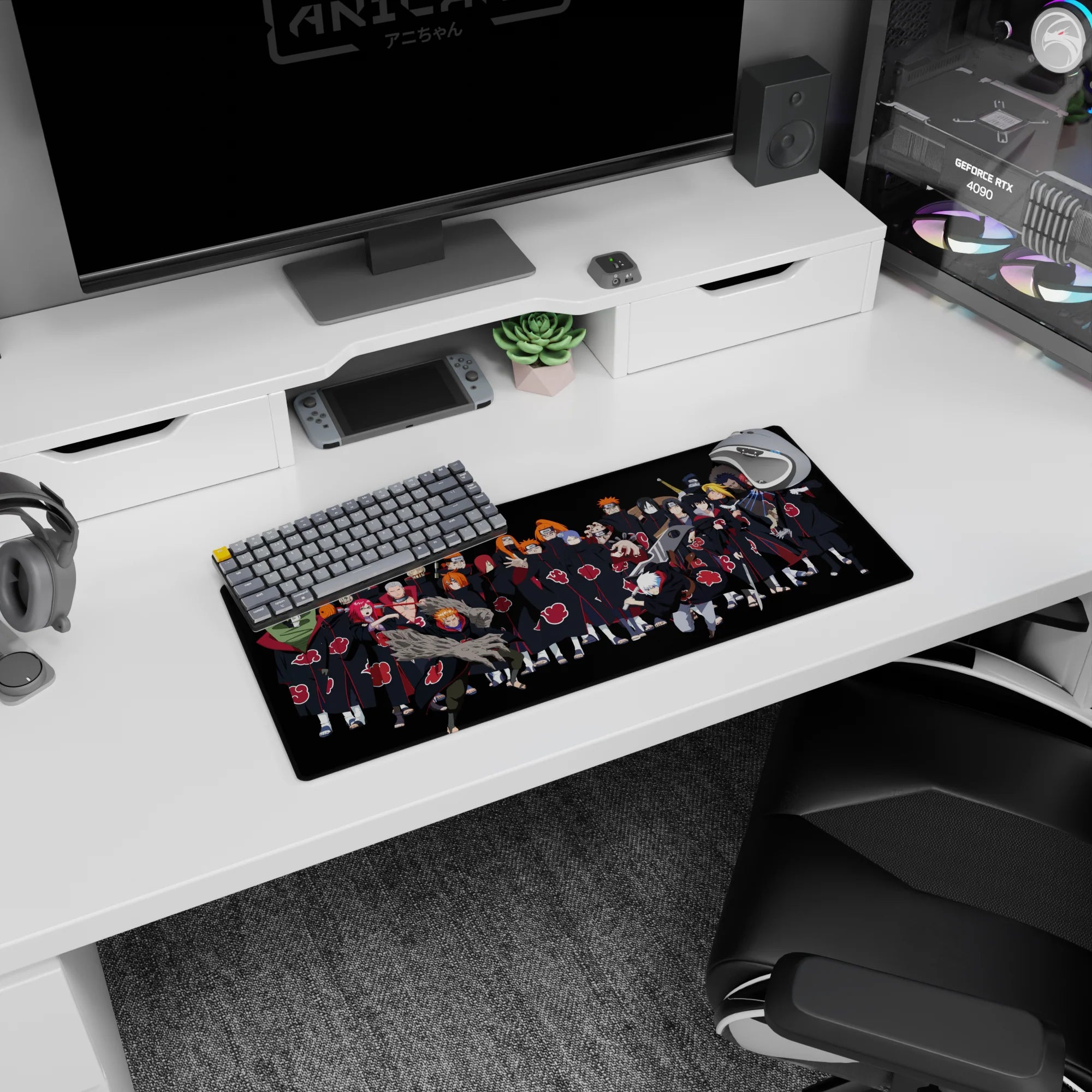 Pain and Itachi with the Akatsuki lineup anime desk mat, 28x12 inches, squad photo stare scene.