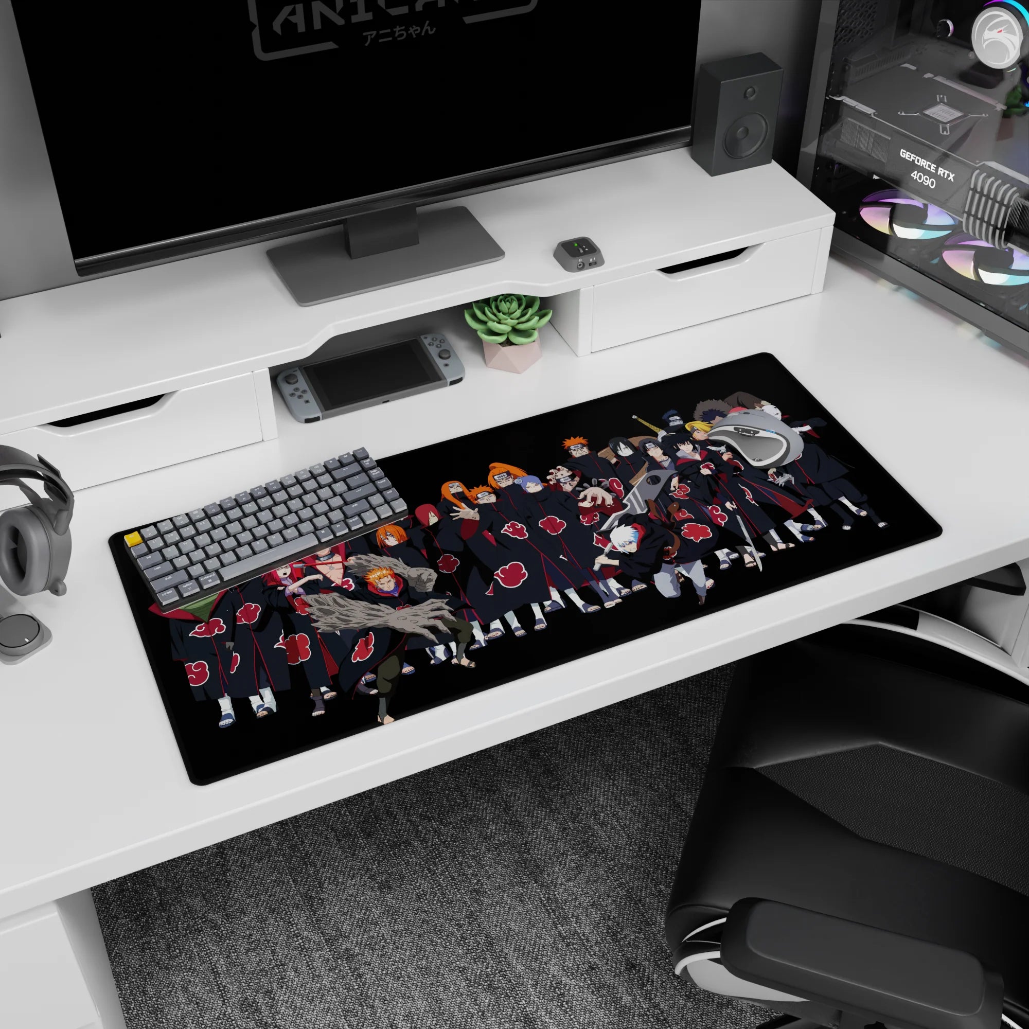Pain leads the Akatsuki squad photo scene on anime desk pad 36x16 inches, cloaks and red clouds.