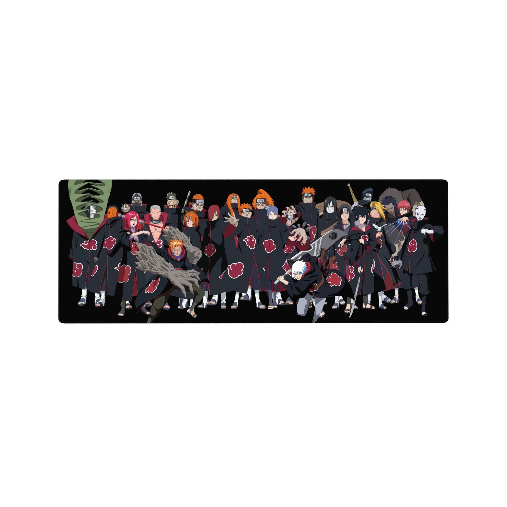 Naruto Shippuden Akatsuki lineup anime mouse pad 32x12 inches with iconic cloaks and red clouds.